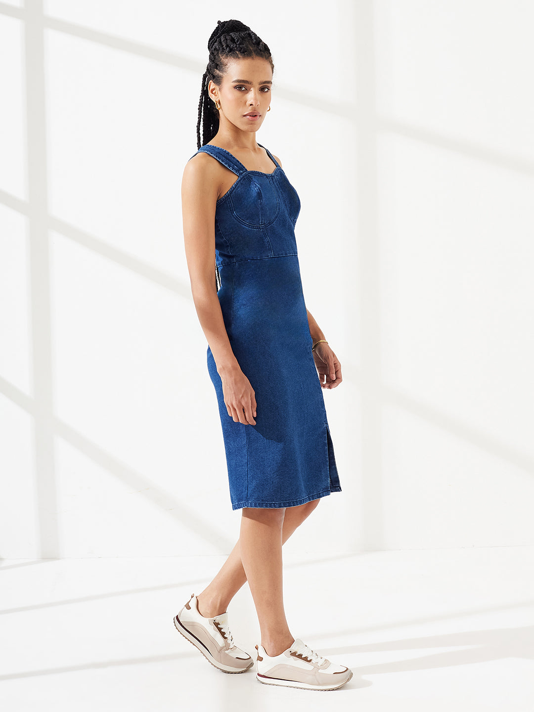 Blue Denim Sweetheart Neck Strappy Slit Bodycon Midi Dress for Women