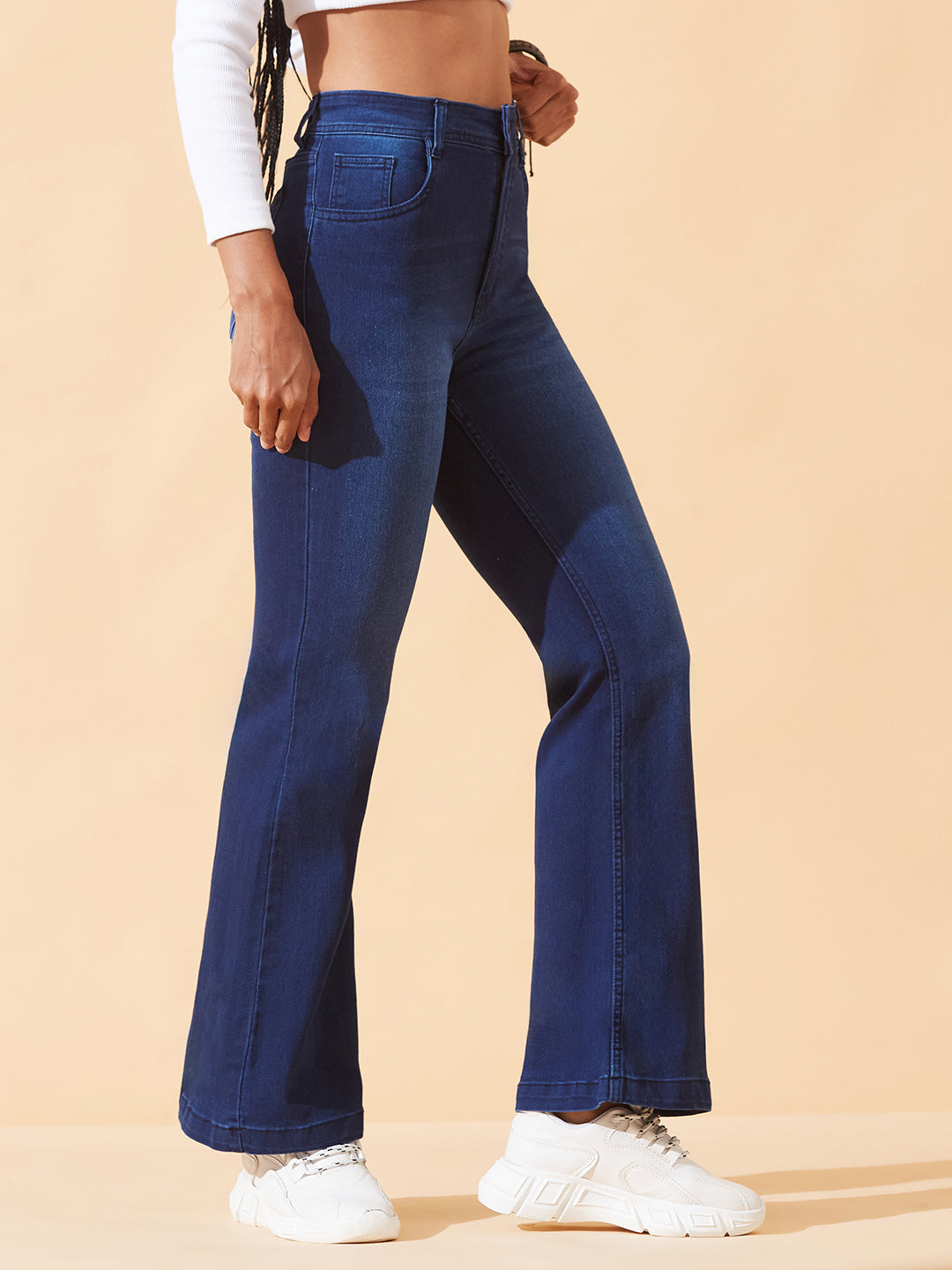 Navy Blue High-Rise Stretchable Flared Denim Jeans For Women