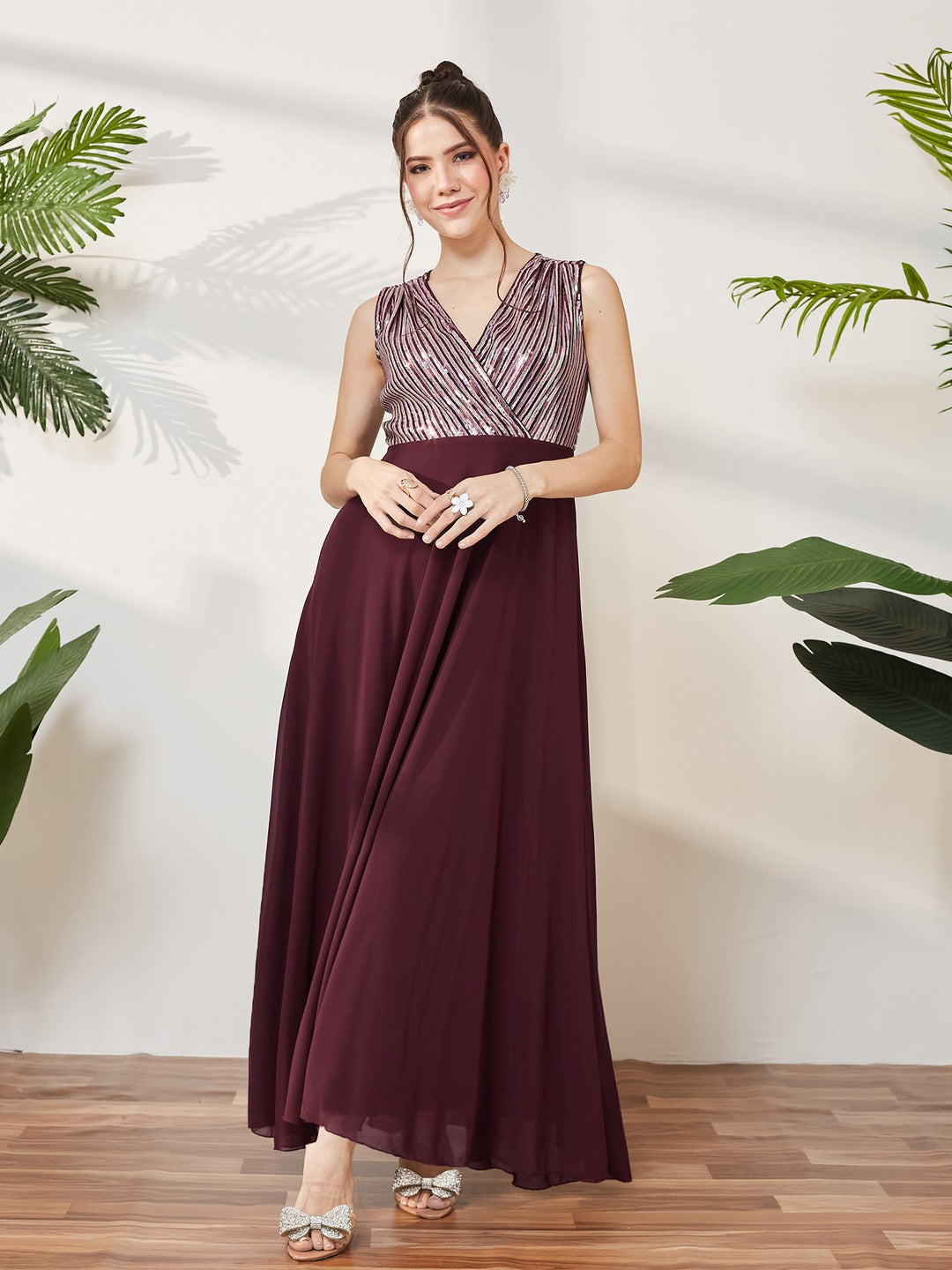 Wine V-Neck Sleeveless Embellished Wrap-Styled Maxi Georgette Dress for Women