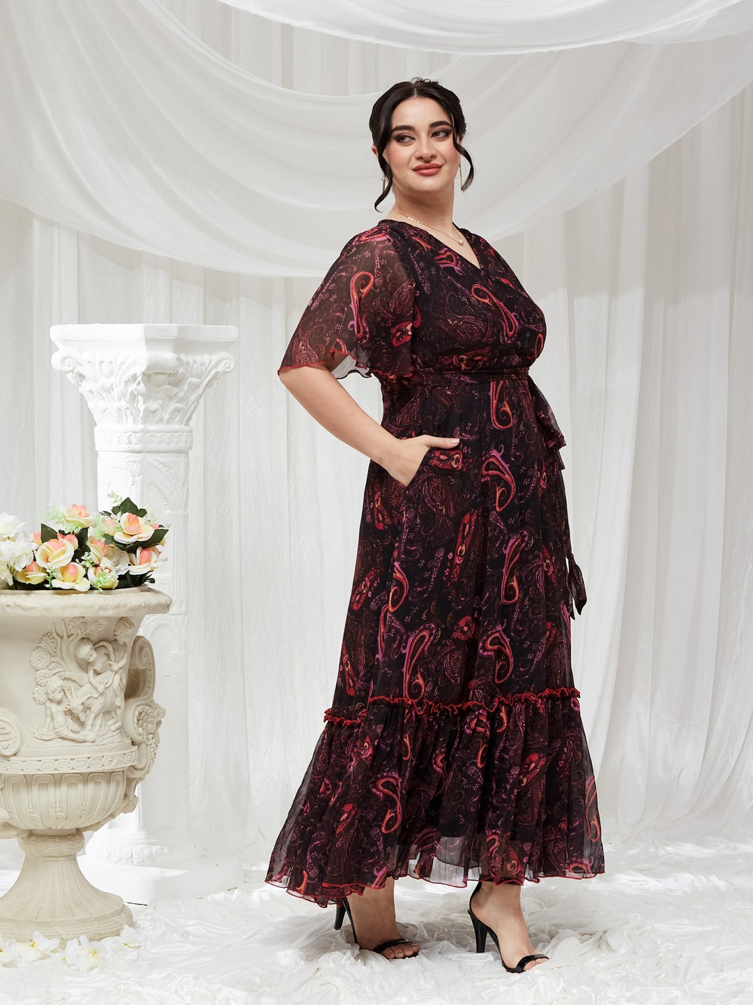 Black Bohemian V-Neck Flutter Sleeve Chiffon Relaxed Fit Wrap Maxi Dress for Women