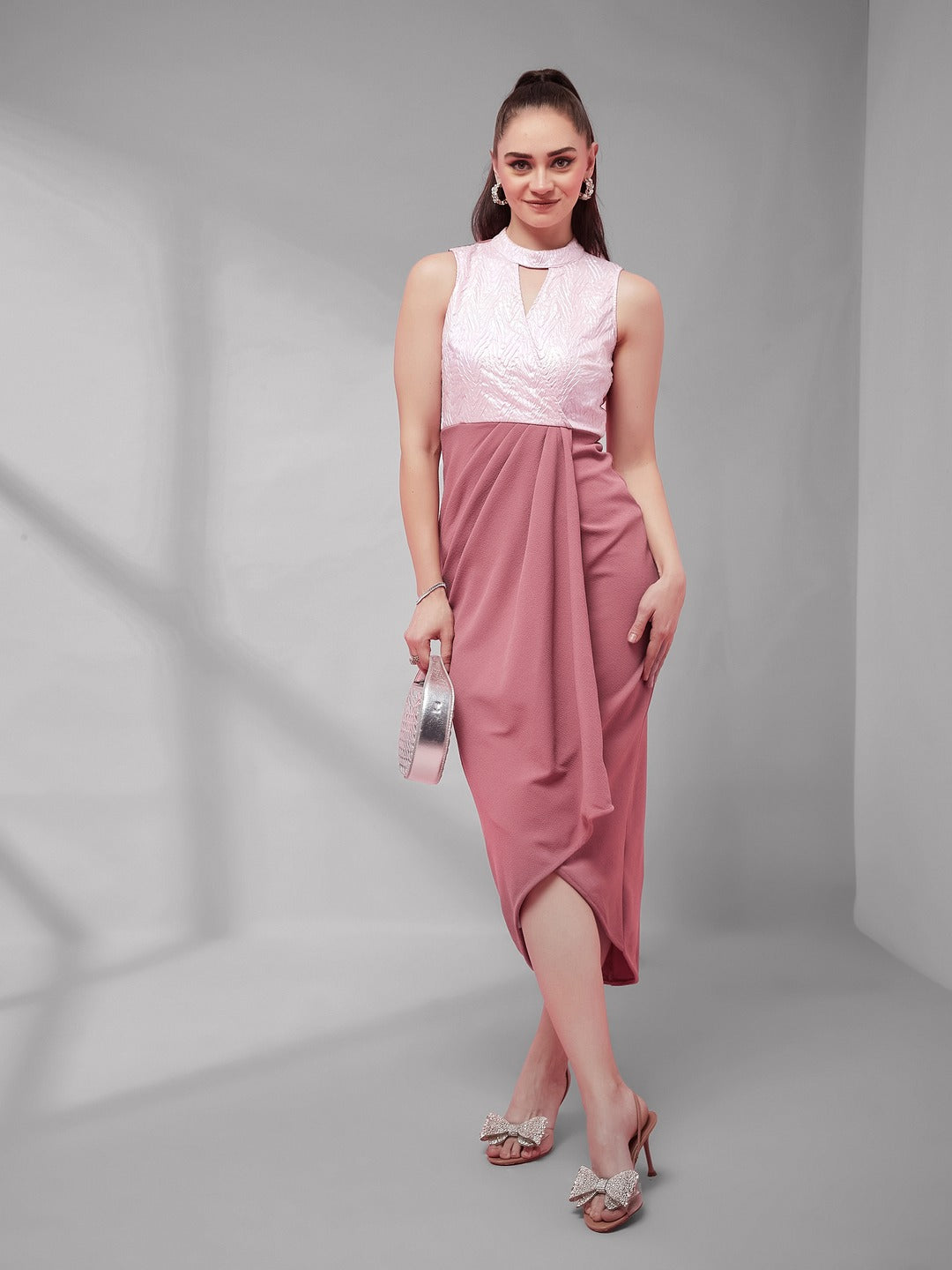 Dusty Pink Halter-Neck Sleeveless Self Designed Draped Polyester Midi Dress for Women