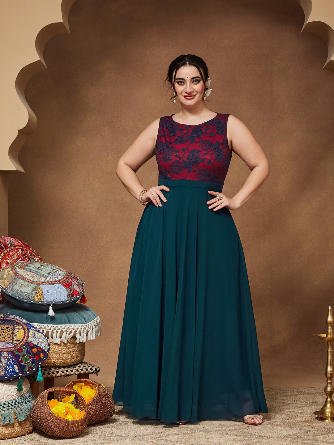 Teal Round Neck Sleeveless Georgette & Lace Floral Fit & Flare Maxi Dress for Women