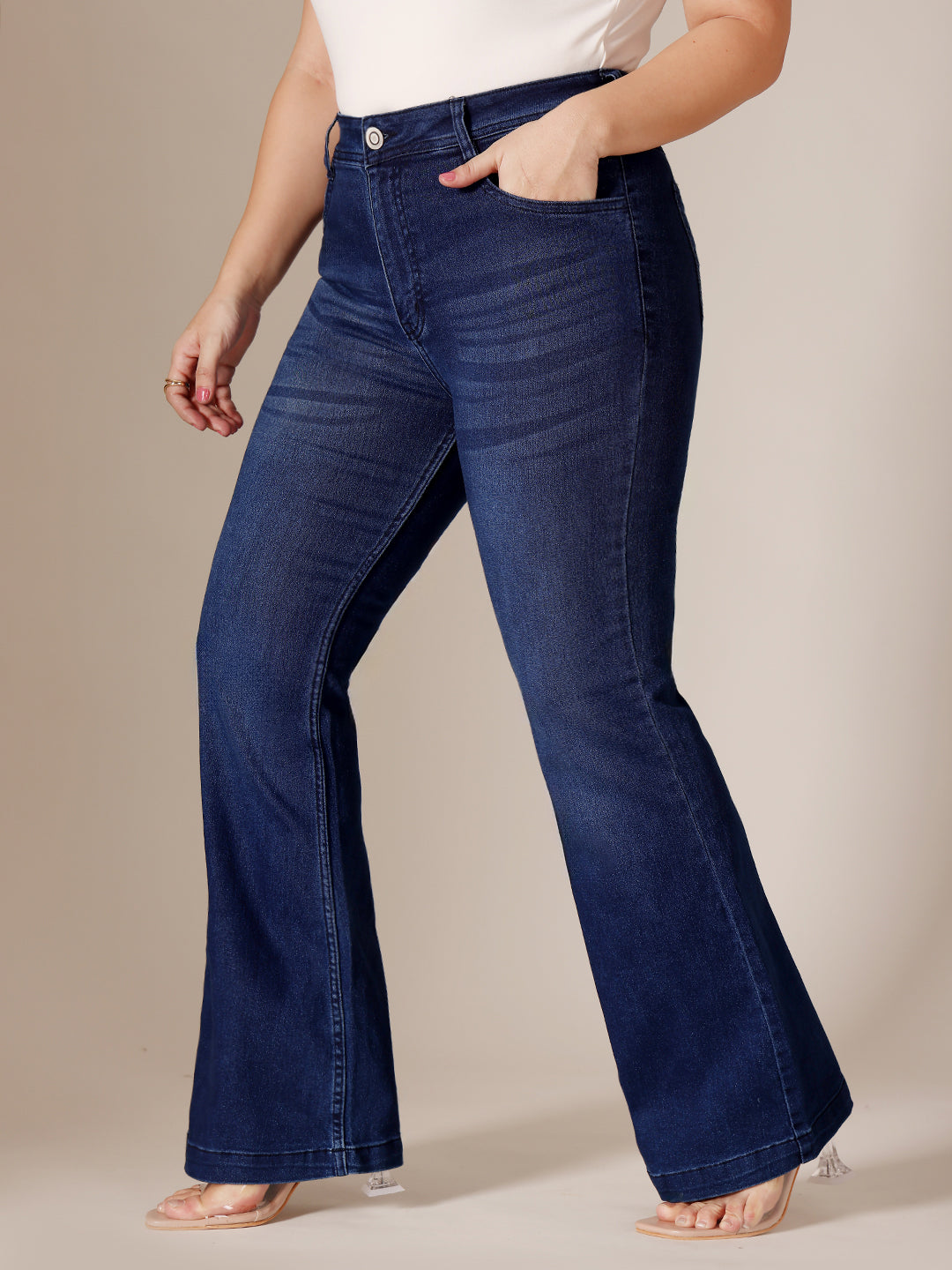 24/7 Comfort Navy Blue High-Rise Clean-Look Regular-Length Stretchable Bootcut Denim Jeans for Women