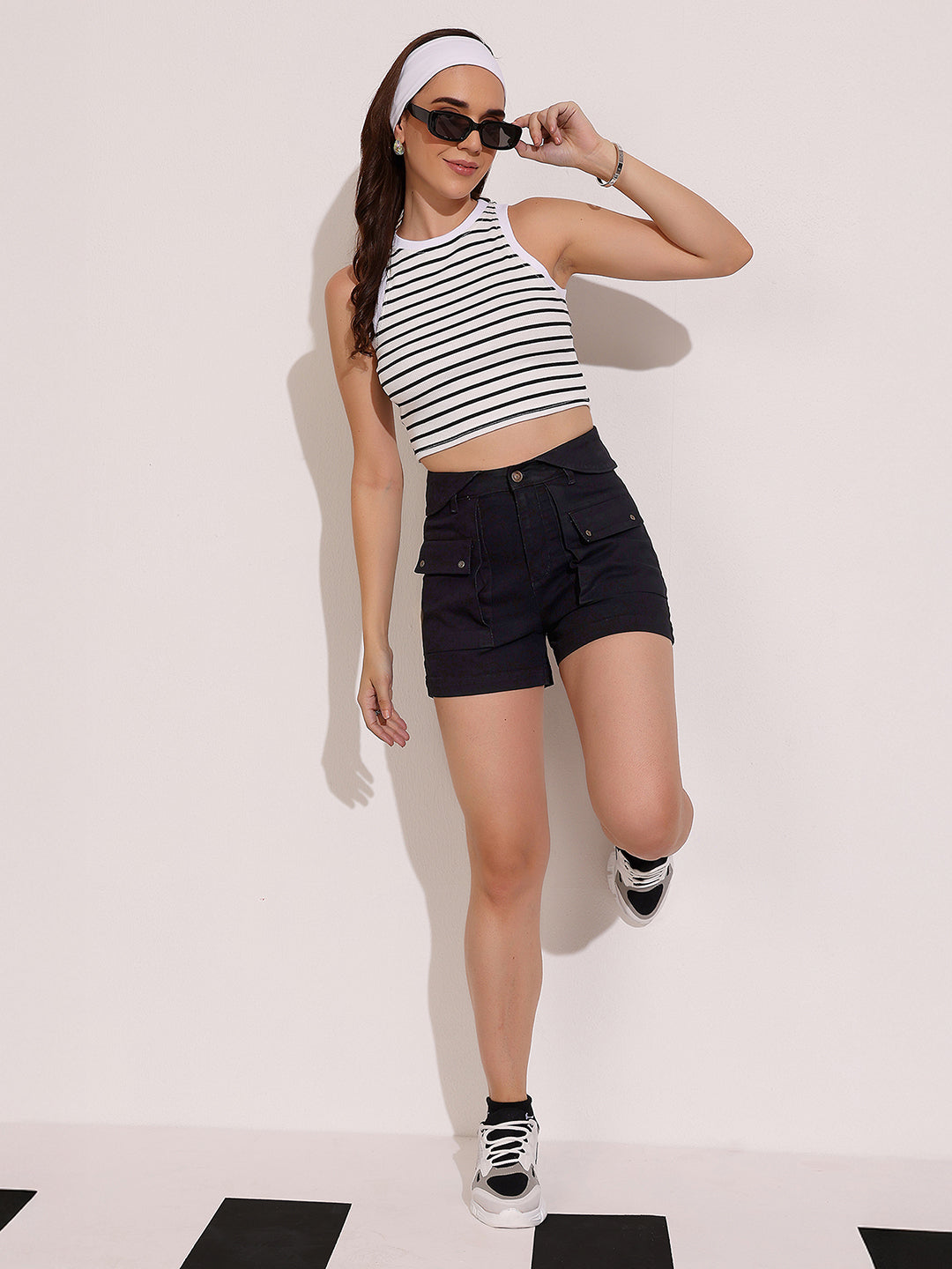 Black High-Rise Flared Stretch Denim Shorts with Quilted Waist & Statement Pockets for Women