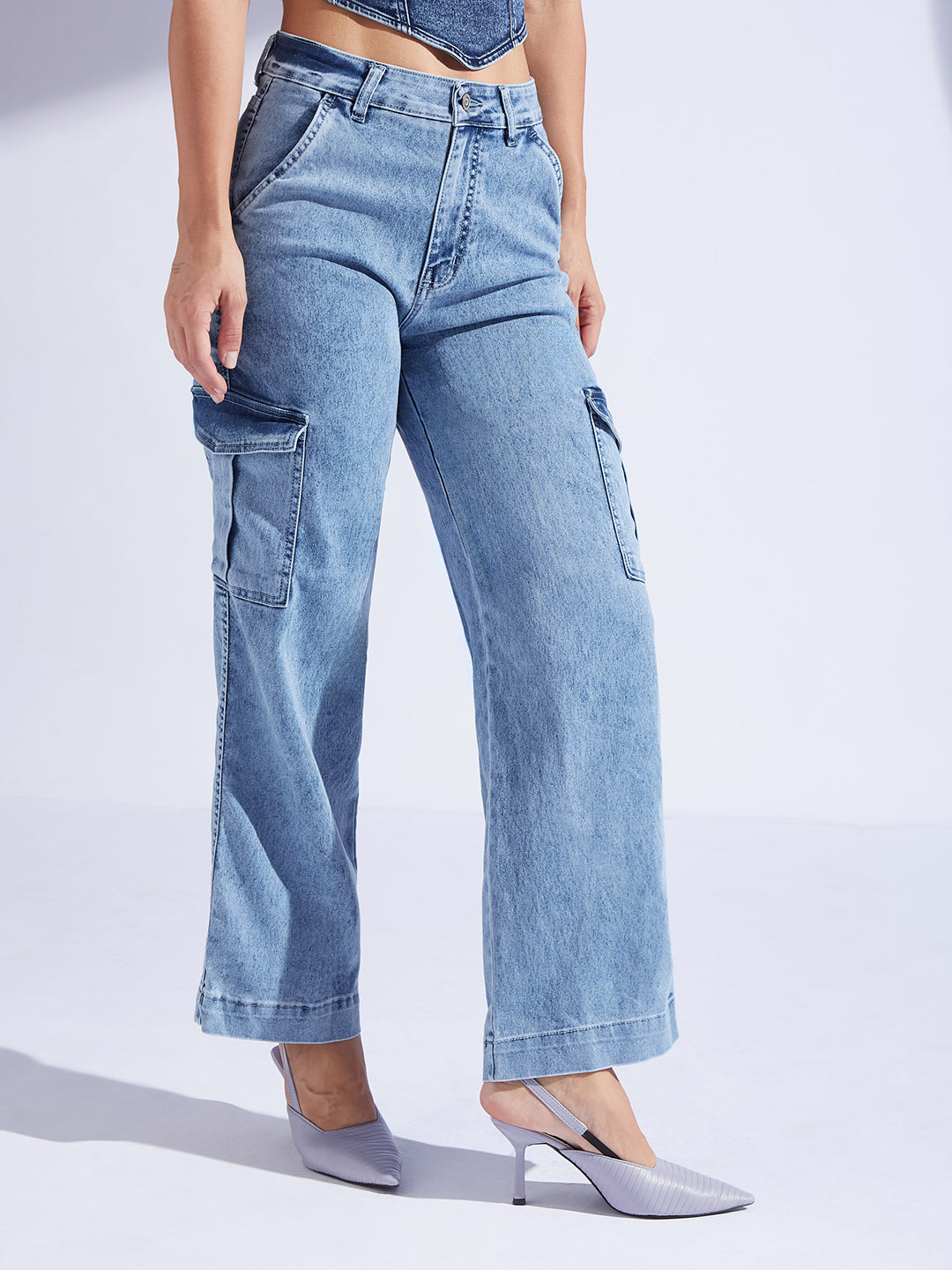 Women's Light Blue Wide-Leg High-Rise Stretchable Flared Cargo-Style Denim Jeans