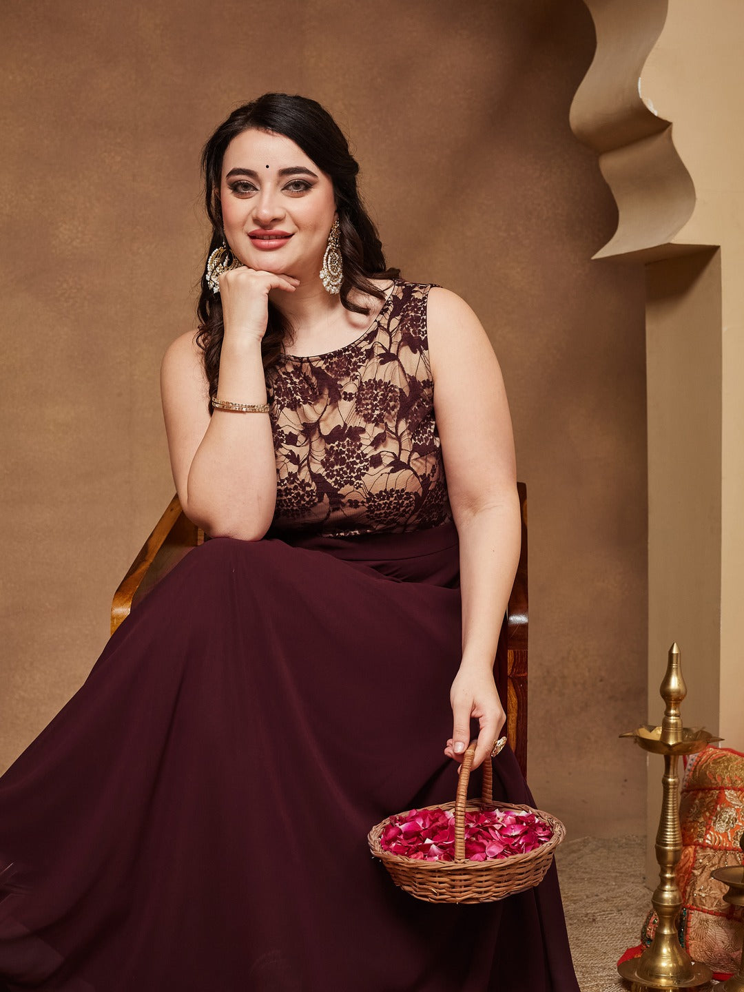 Beige & Wine Round Neck Sleeveless Georgette Floral Lace Fit & Flare Maxi Dress for Women