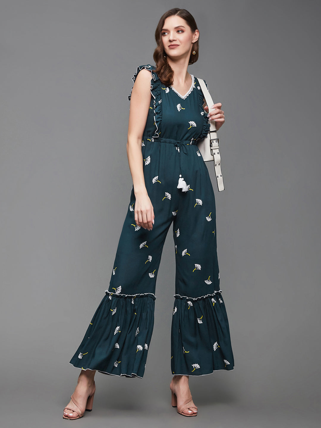 Women's Multicolored-Base-Teal Floral V-Neck Ruffled Sleeves Viscose Rayon Tiered Regular-Length Jumpsuit