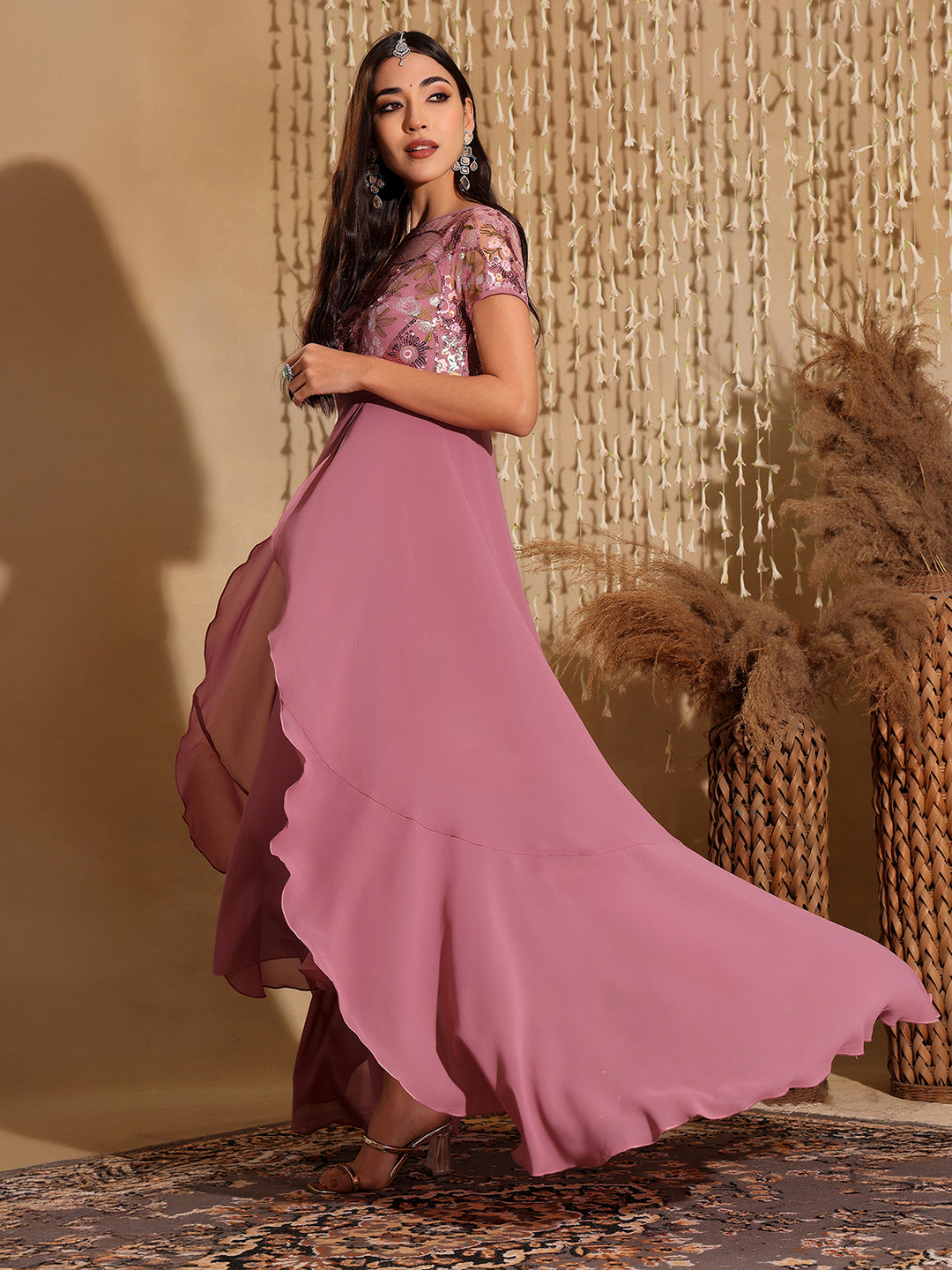 Women's Multicolored-Base-Dusty Lavender Round Neck Short Sleeve Floral Layered Georgette Midi Dress