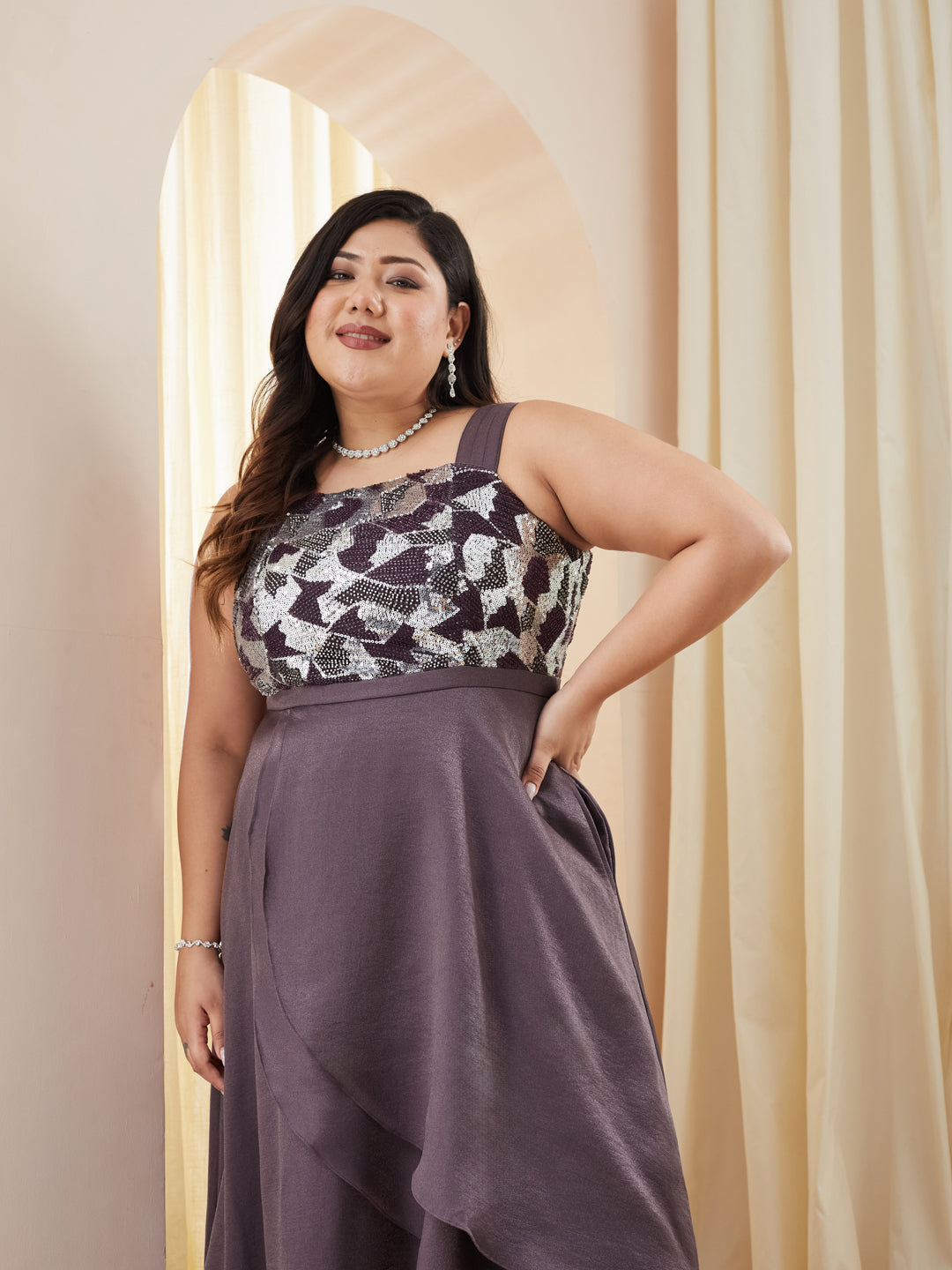 Dusty Purple Square Neck Gown in Layered Embellished Satin for Women