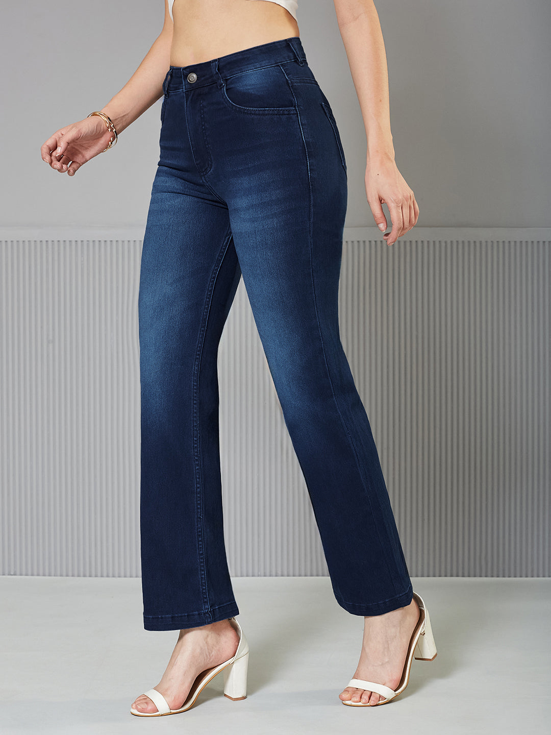 Women's Navy blue Wide leg Mid-Rise clean-look Regular Stretchable Denim Jeans