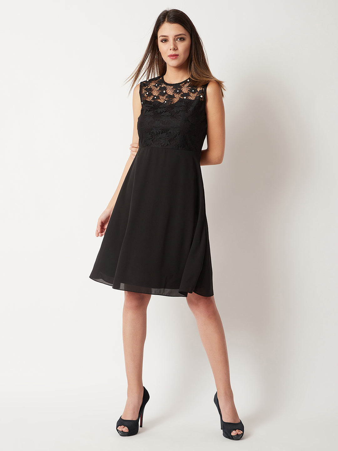 Women's Black Round Neck Sleeveless Solid Paneled Lace And Pearl Detailing Knee Length Skater Dress