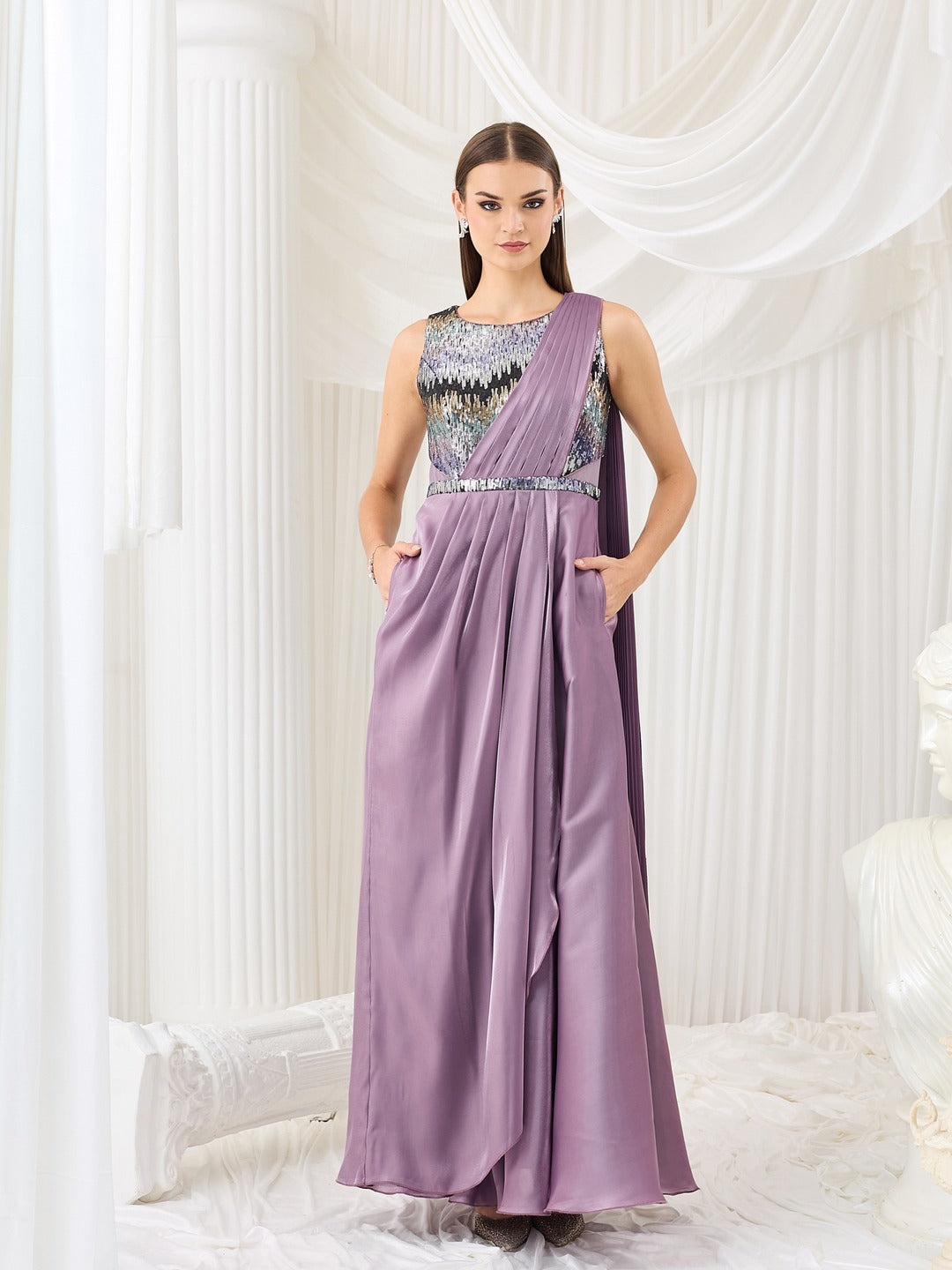 Embellished Dusty Purple Gown in Premium Layered Satin for Women
