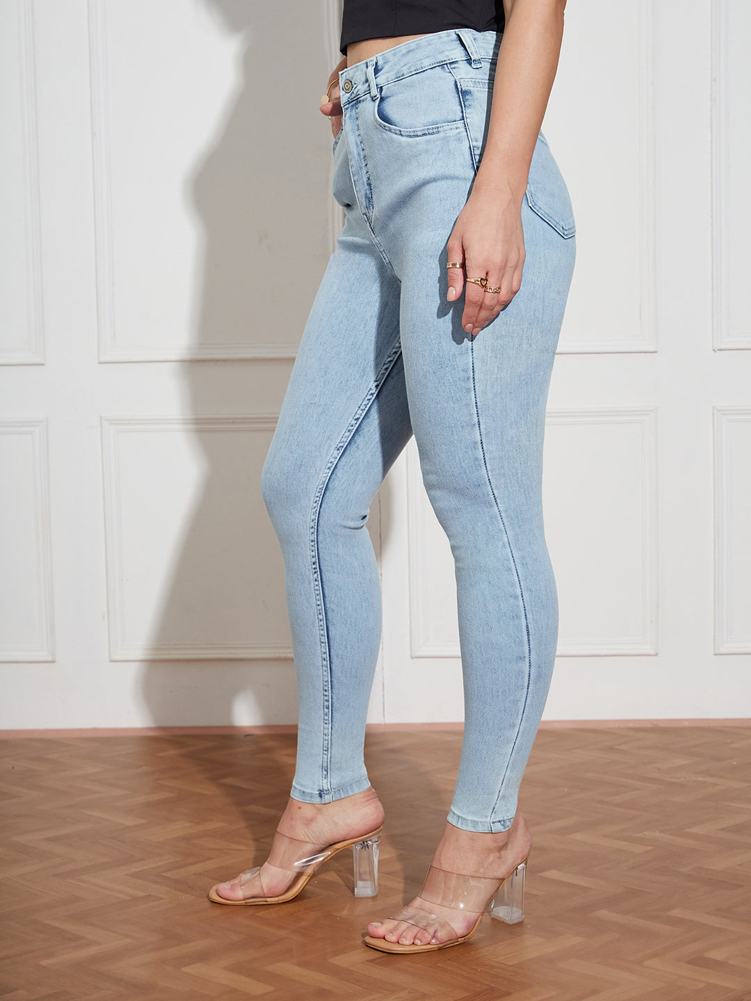 Women's Blue Skinny-Fit High-Rise Clean-Look Regular-Length Stretchable Denim Jeans
