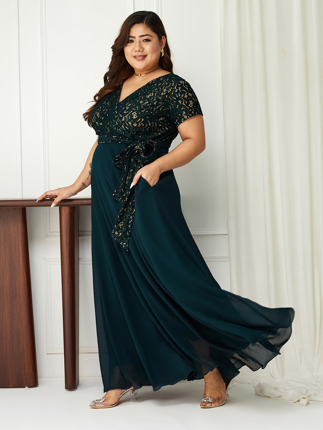 Women's Teal V-Neck Short-Sleeve Self-Designed Lace Overlaid Georgette Maxi Dress