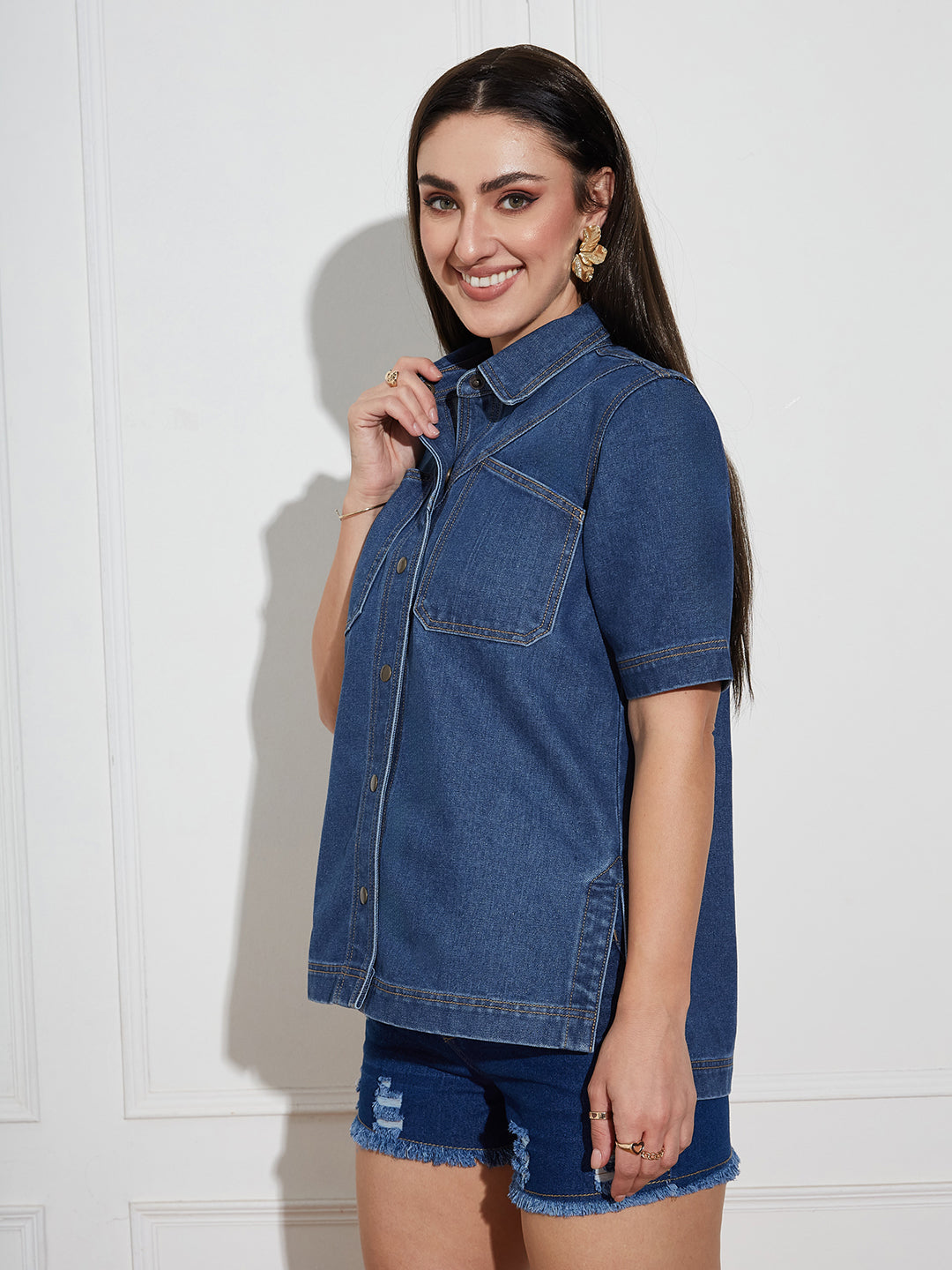 Women's Navy Blue Boxy Denim Shirt – Half Sleeves, Collared, Relaxed Fit