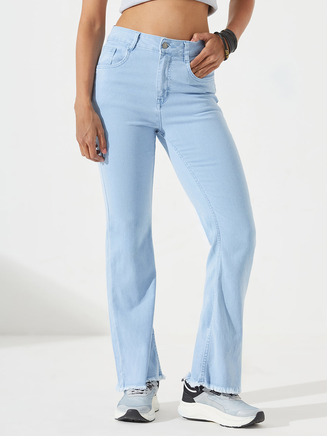 Light Blue Bootcut High-Rise Cropped Stretchable Denim Jeans For Women