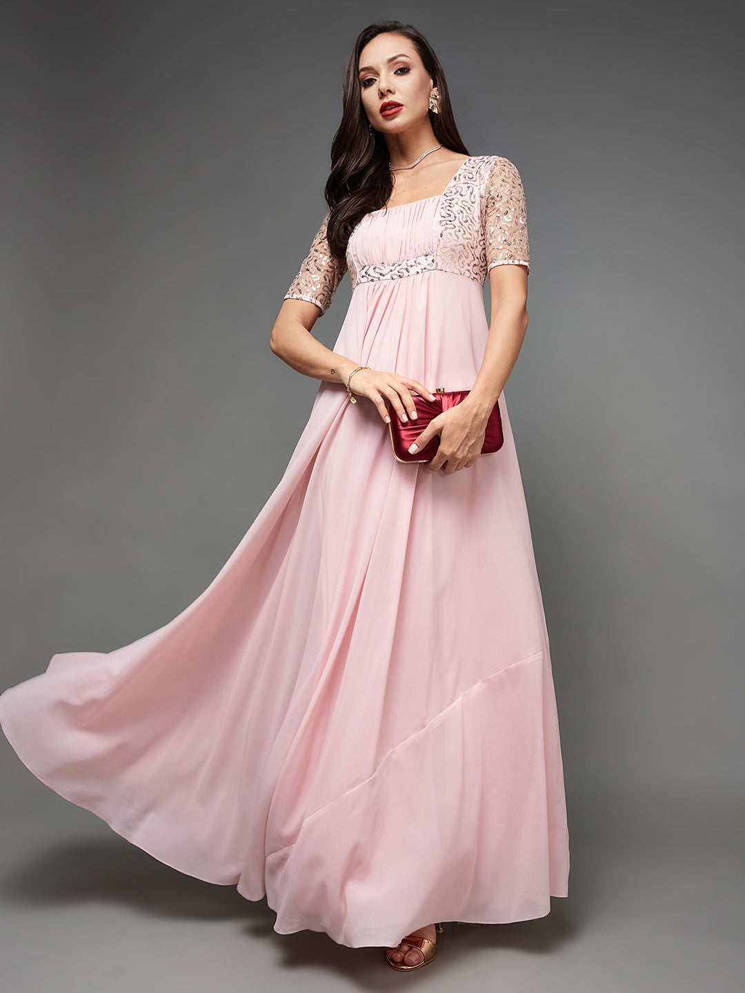 Women's Dusty Pink Square Neck Half Sleeve Solid Embellished Maxi Dress