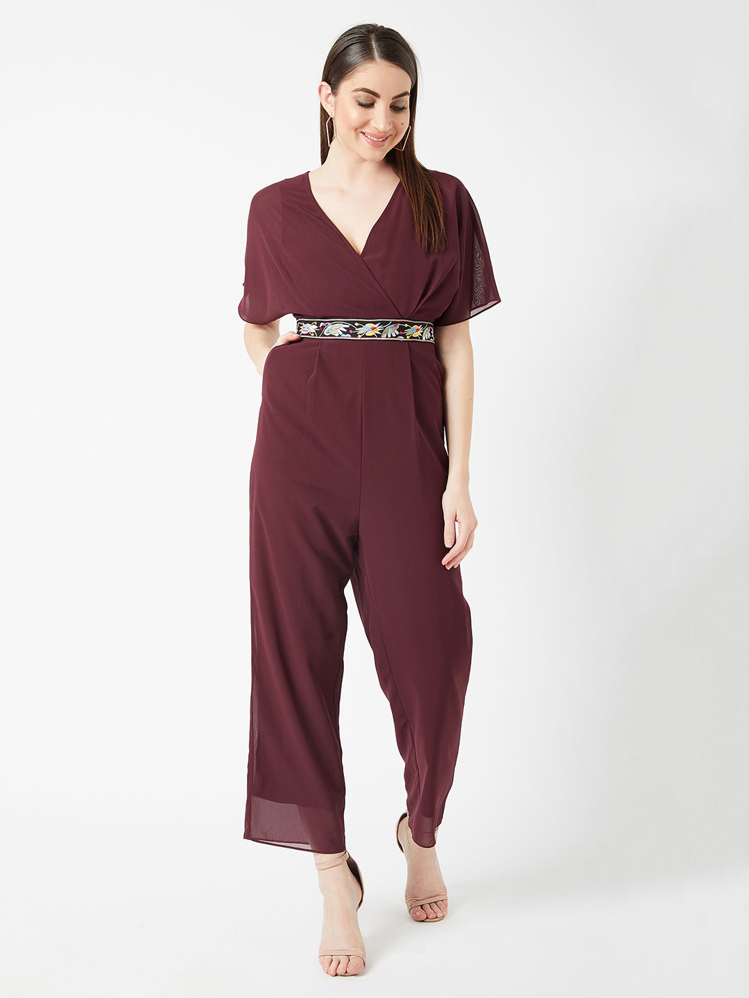 Women's Wine Red V-Neck Flared Solid Regular Length Jumpsuit