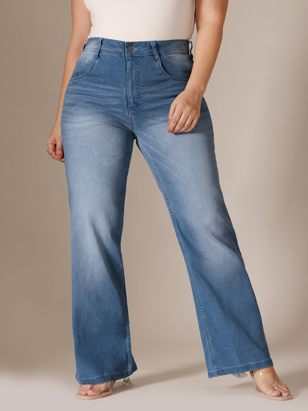 24/7 Comfort Light Blue Wide-Leg Mid Rise Clean Look Regular Length Blast Effect Denim Jeans for Women