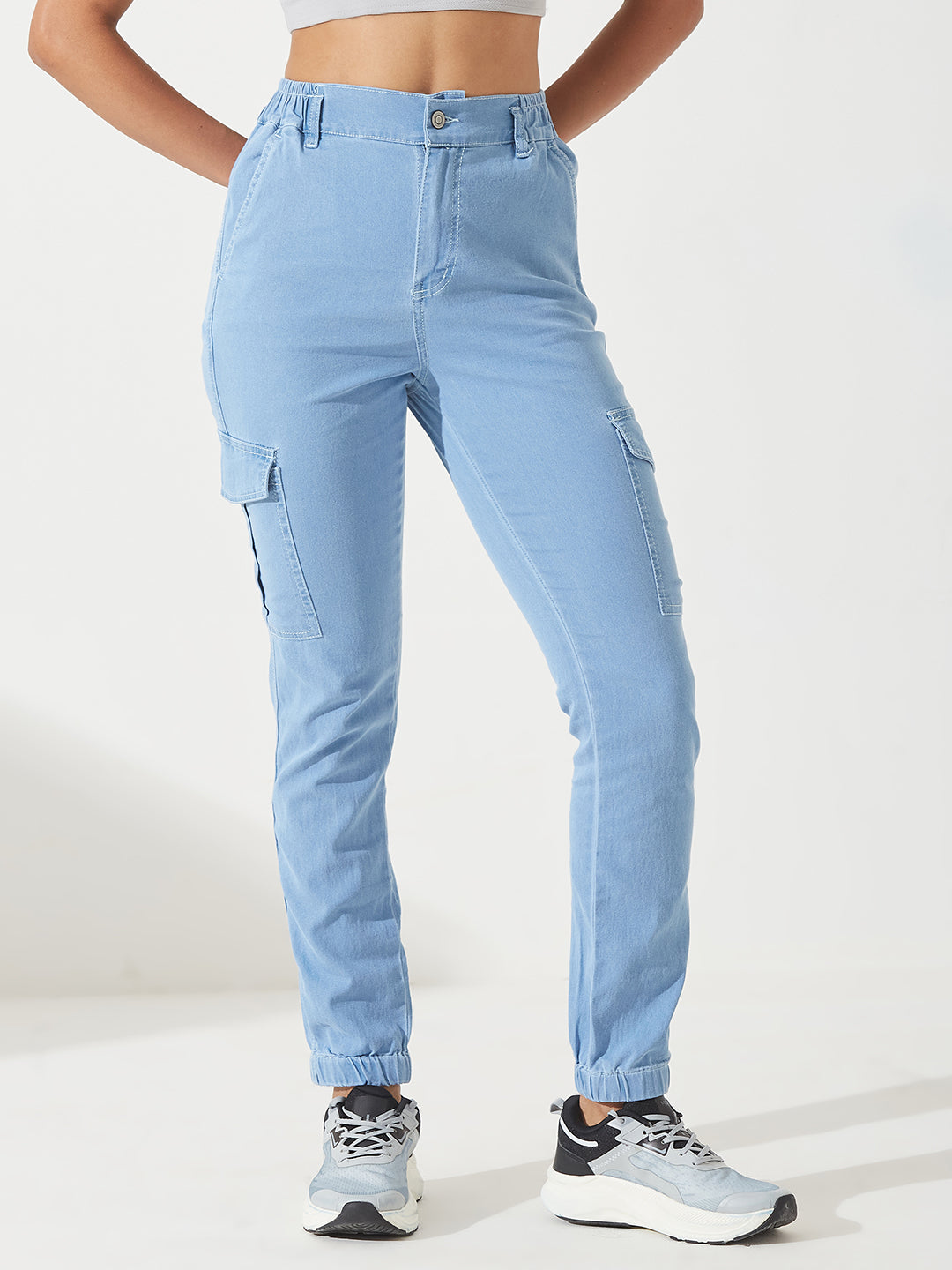 Women's Light Blue High-Rise Stretchable Denim Joggers