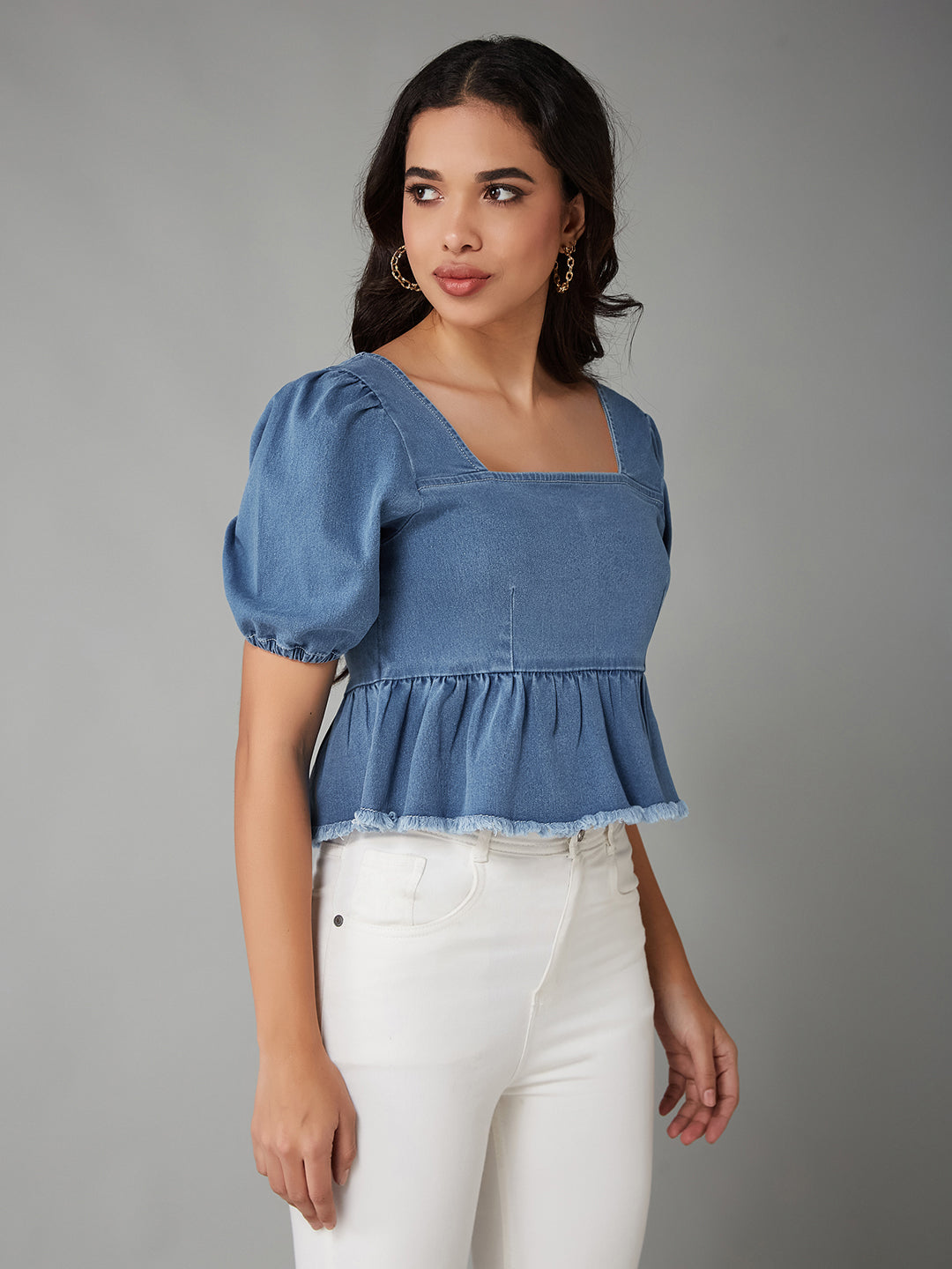 Women's Light Blue Square-Neck Puff-Sleeve Peplum-Styled Denim Cropped Top
