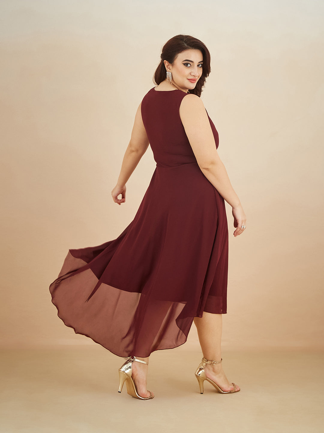 Wine Red V-Neck Sleeveless Solid High-Low Midi Skater Dress for Women