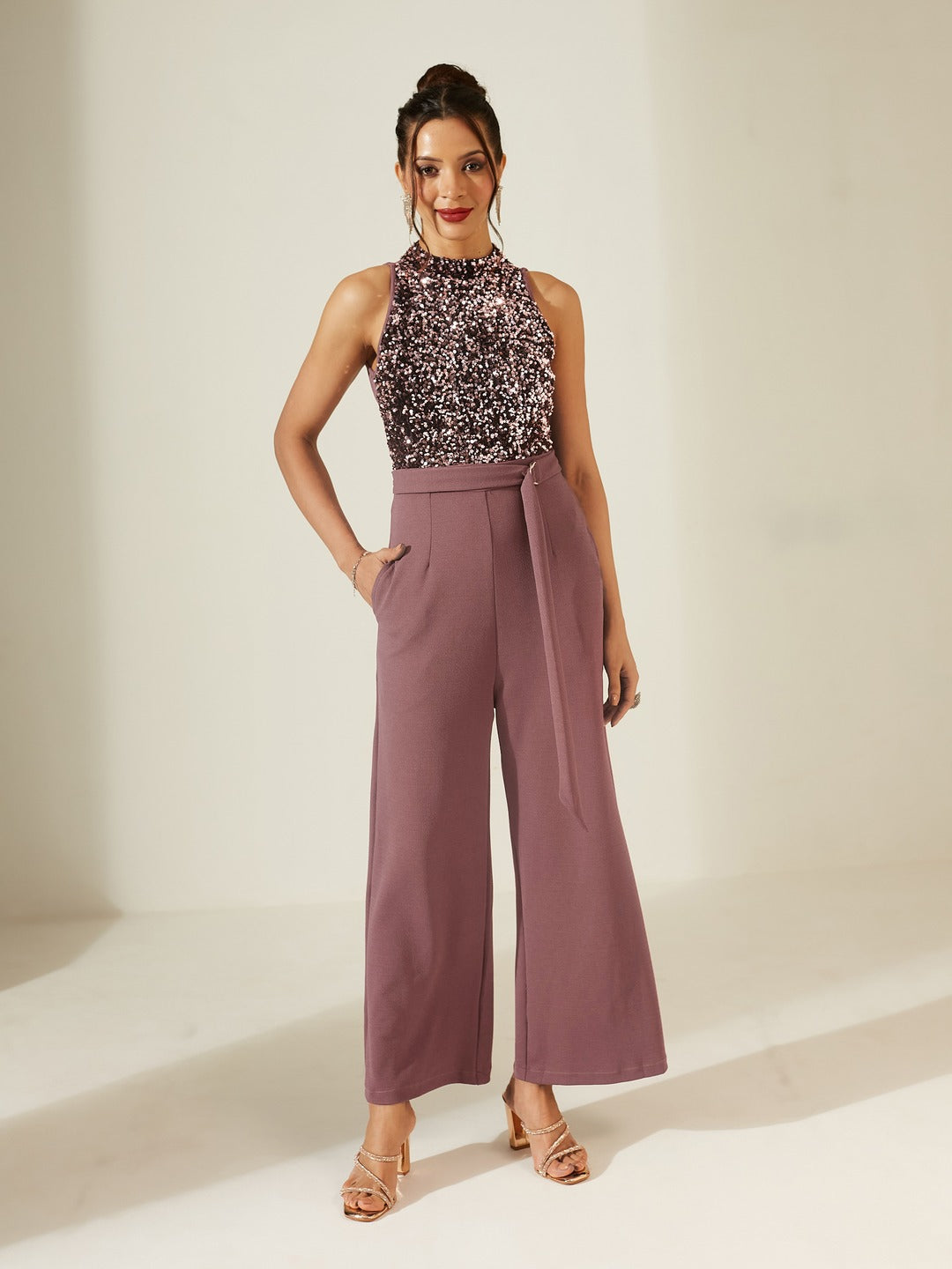 Mauve Sleeveless Embellished Halter Neck Regular Jumpsuit for Women
