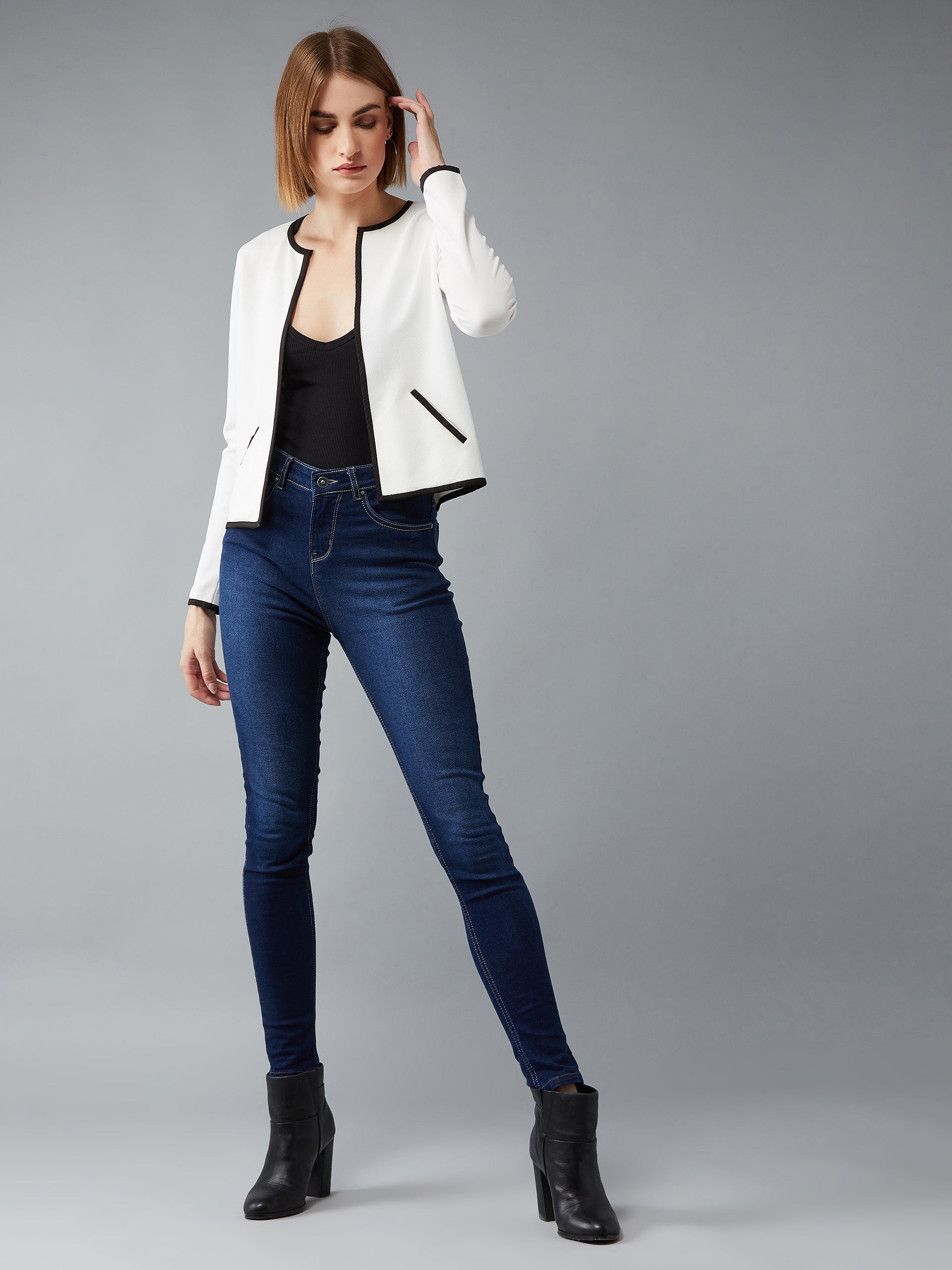 Women's Off-White Round Neck Full Sleeve Solid Contrast Piping Open Front Blazer