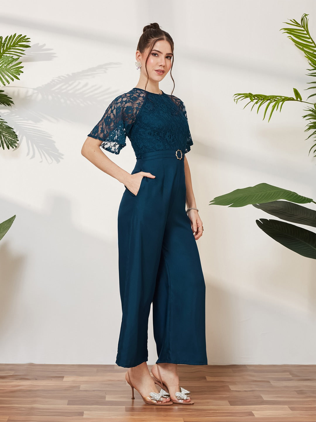 Teal Round Neck Flared Sleeve Floral Raglan Regular Jumpsuit for Women
