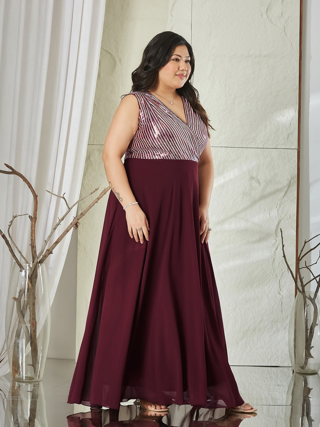 Wine V-Neck Sleeveless Embellished Wrap-Styled Maxi Georgette Dress for Women