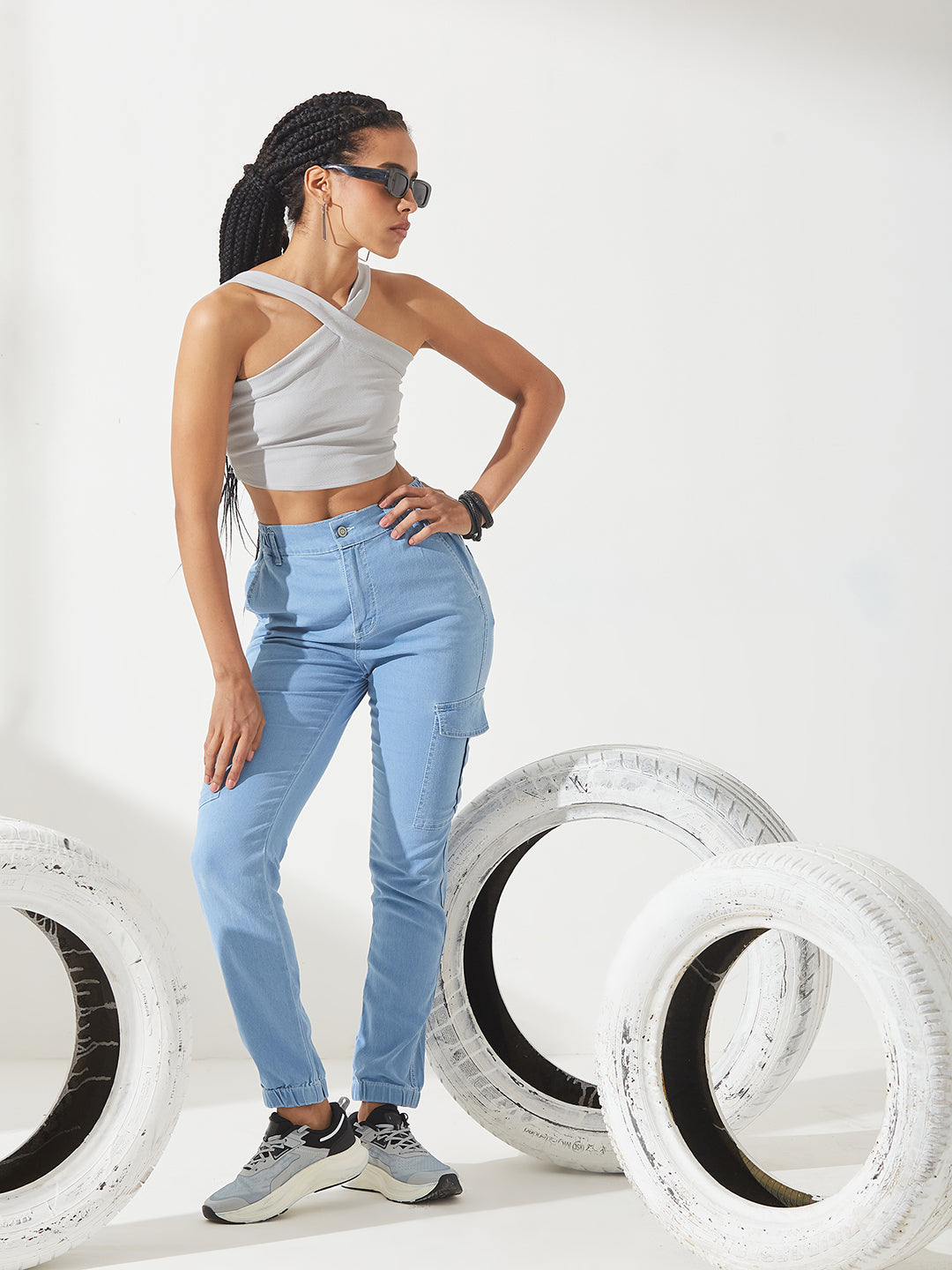 Women's Light Blue High-Rise Stretchable Denim Joggers