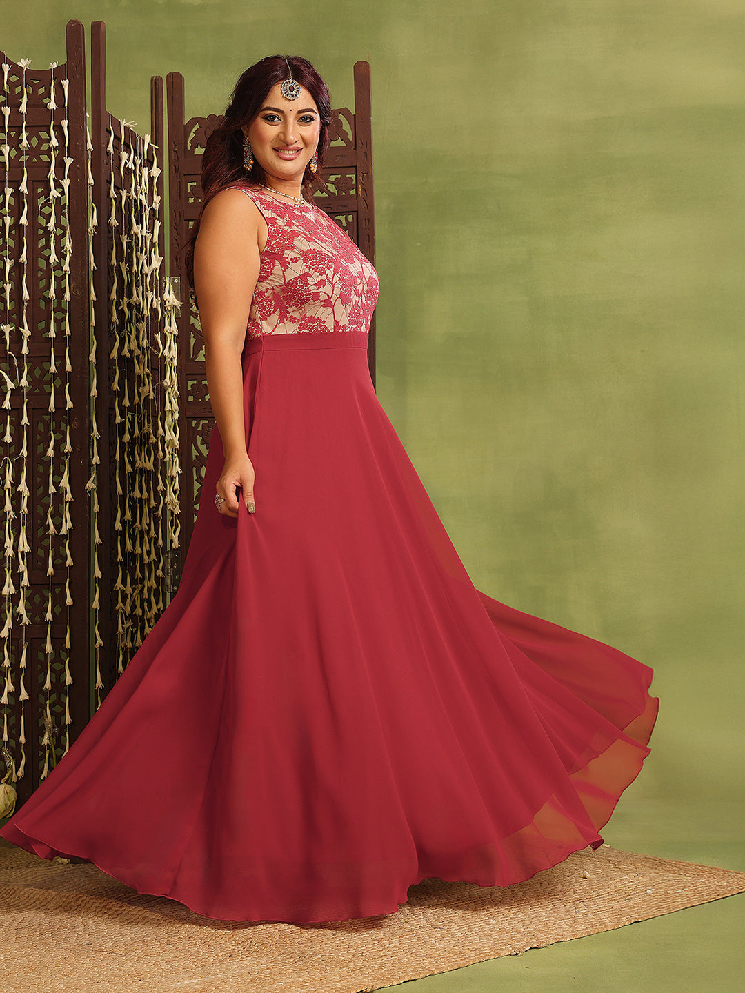 Women's Brick Red & Dusty Green Boat Neck Sleeveless Self-Design Lace-Overlaid Regular Dress