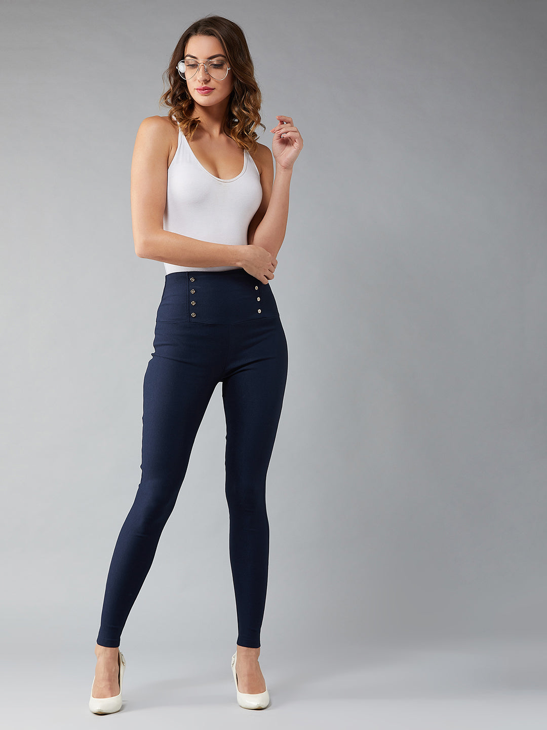 Women's Navy Blue Solid Skinny Knitted High Waist Buttoned Regular Length Treggings