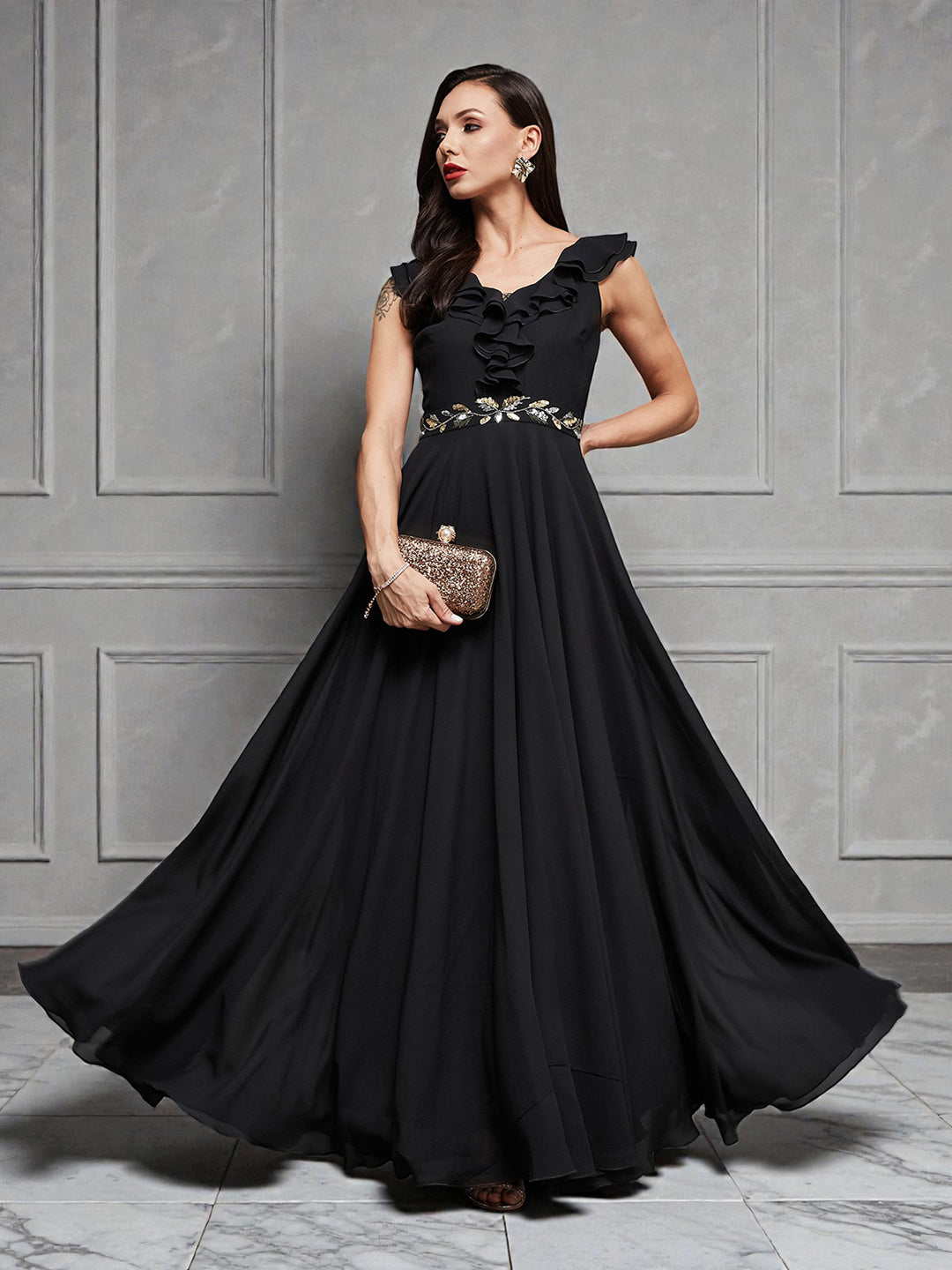 Women's Black Sleeveless Embroidered Ruffled Georgette Maxi Dress