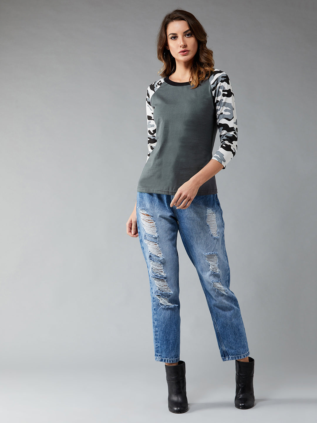 Women's Charcoal grey Round Neck 3/4th Sleeve Printed Basic Regular T-Shirt