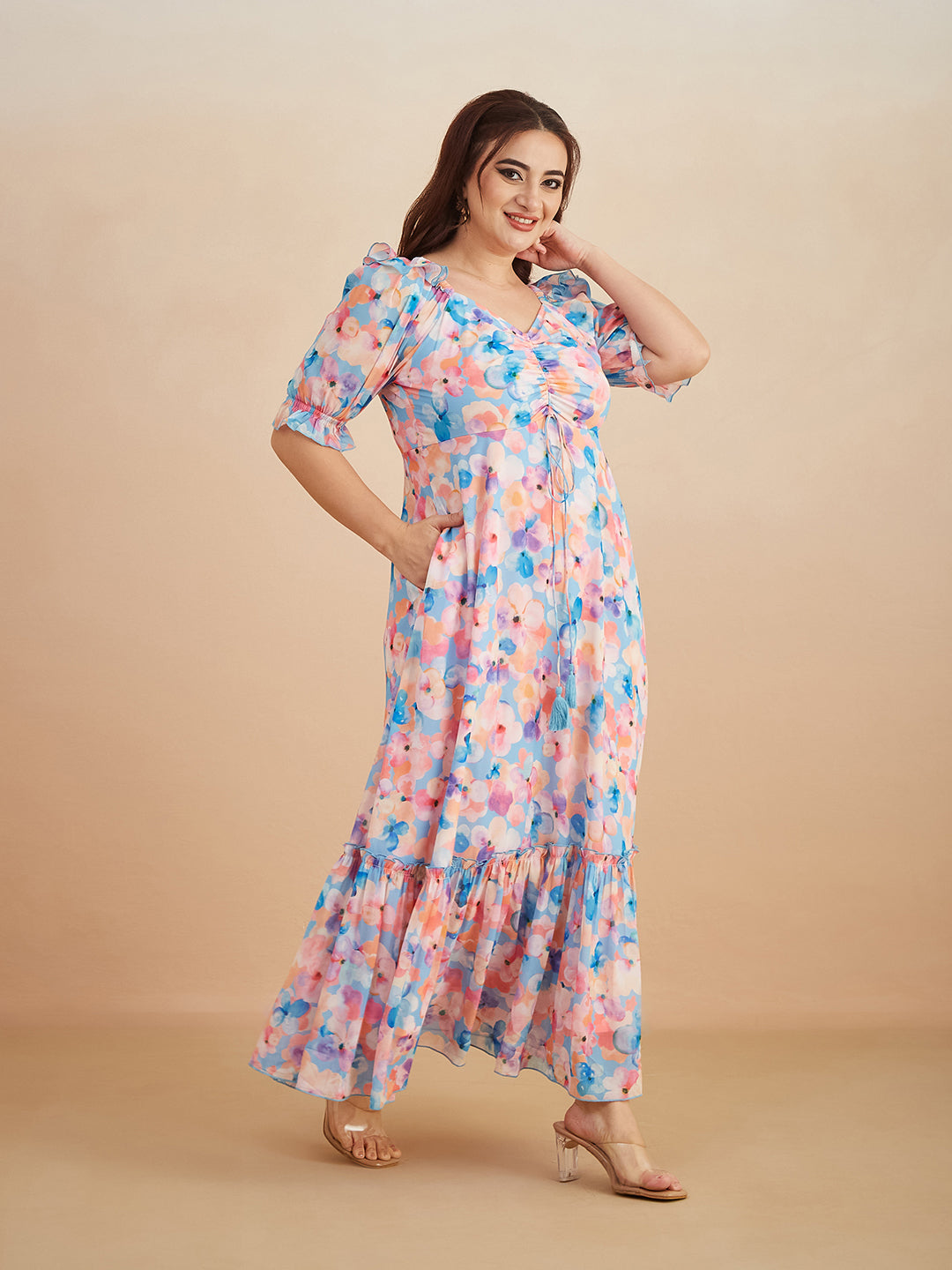 Multicolored-Base-Sky Blue V-Neck Puff Sleeve Floral Ruching Ankle-Length Dress for Women