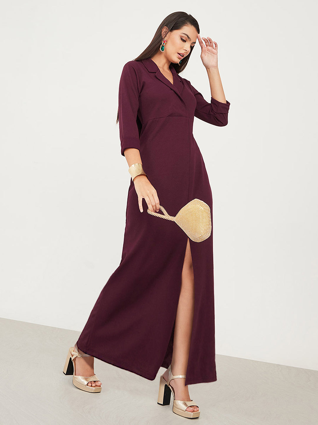Women's Wine Red Collared V-Neck 3/4 Sleeve Solid Front Slit A-line Maxi Dress