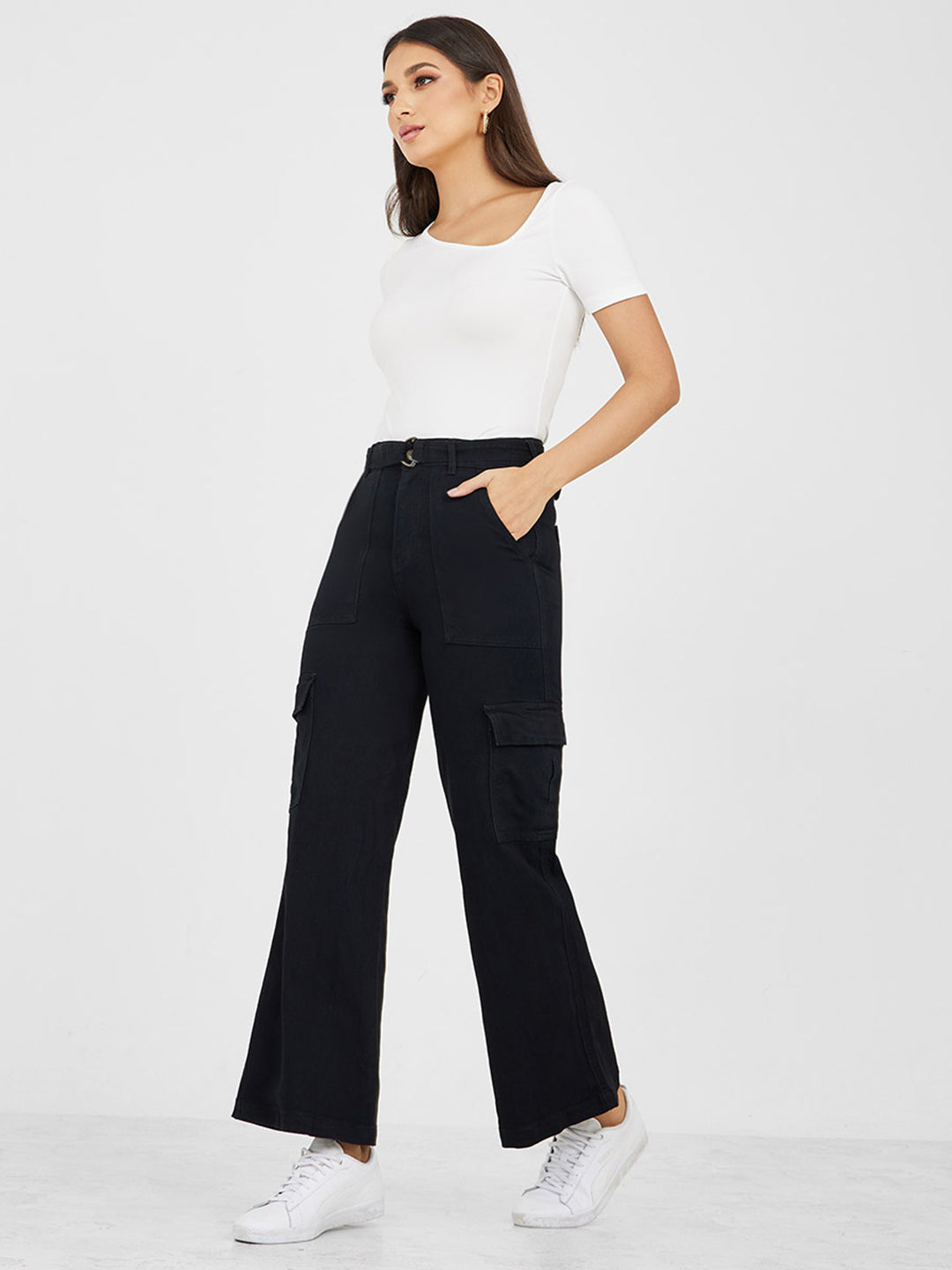 Women's Black Wide leg High rise Clean look Regular Stretchable Denim Jeans