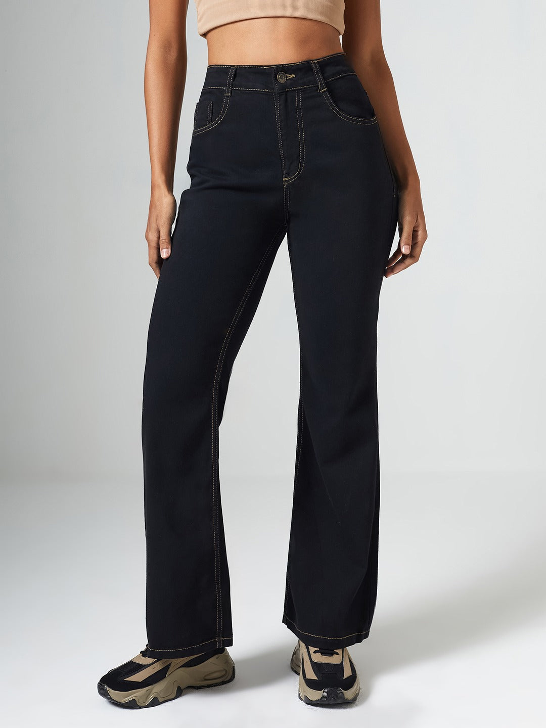 Black Bootcut High-Rise Clean-Look Regular-Length Stretchable Denim Jeans for Women