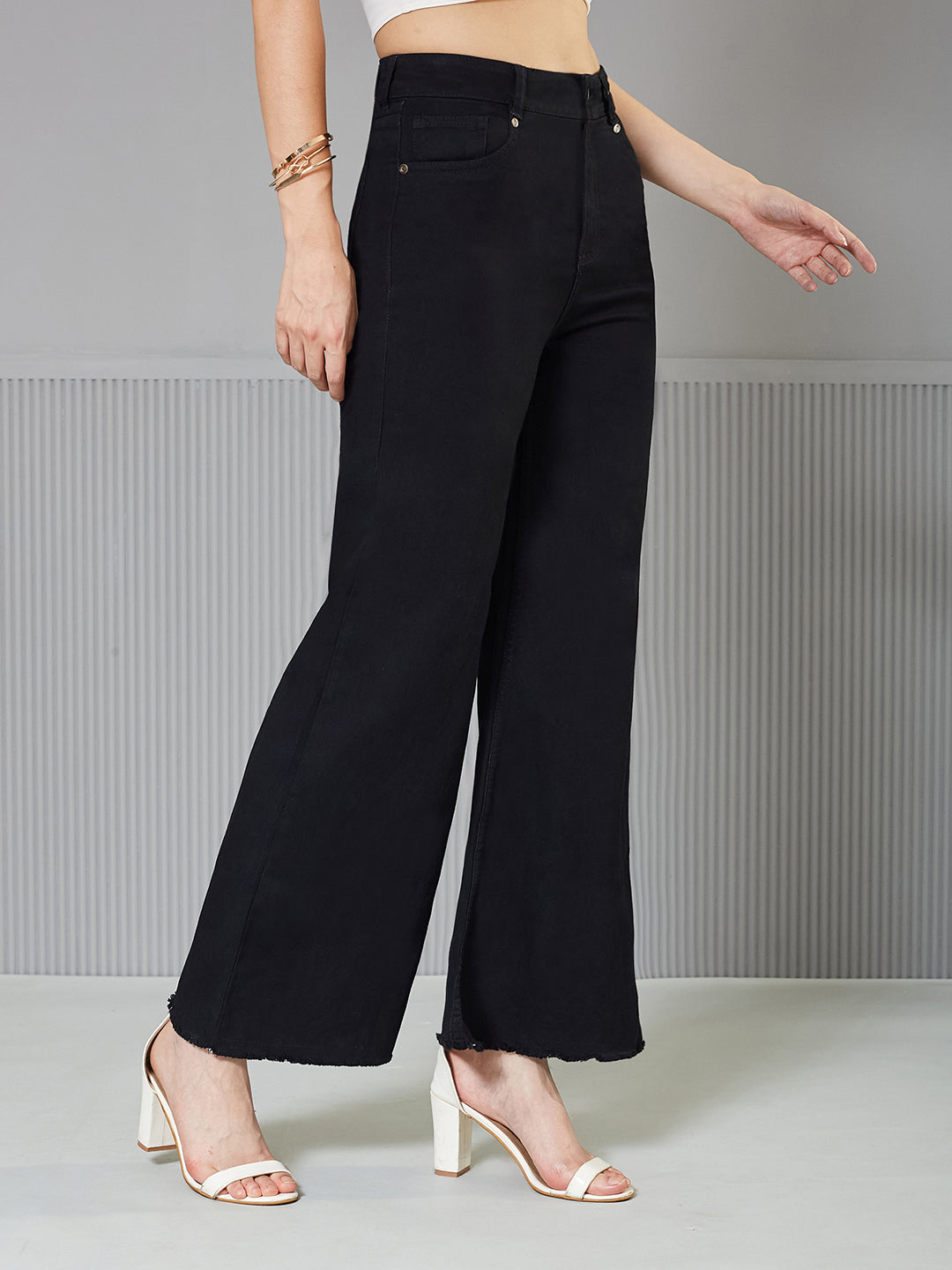Black High-Rise clean-look Regular-Length Stretchable Wide-Leg Denim Jeans for Women
