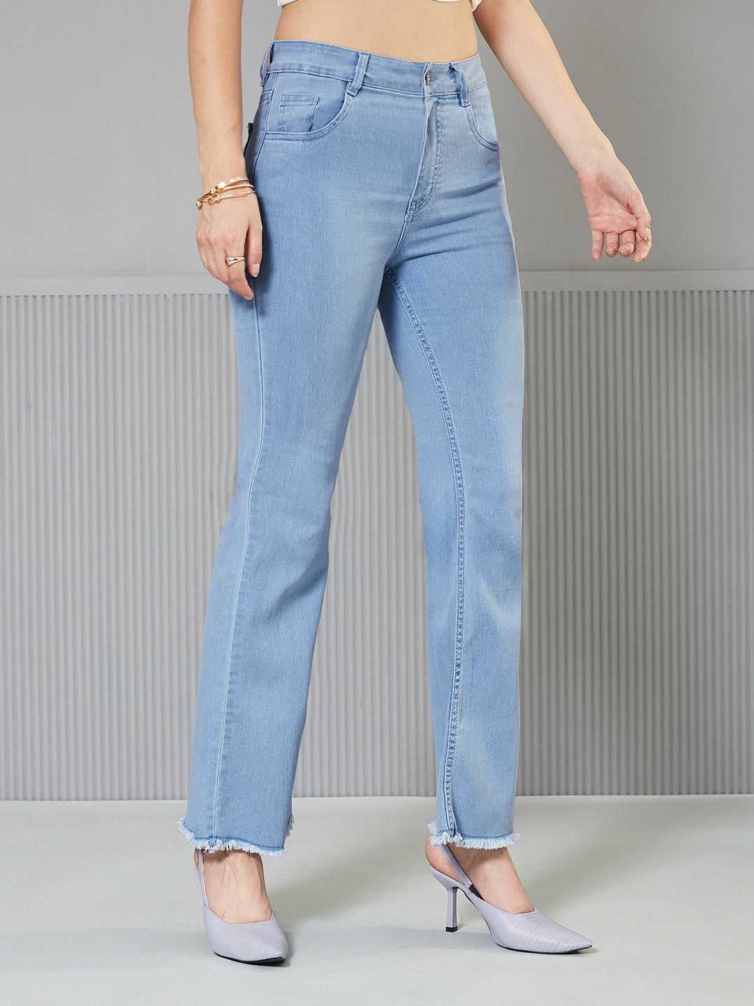 Light-Blue Boot Cut High-Rise Cropped Stretchable Denim Jeans for Women