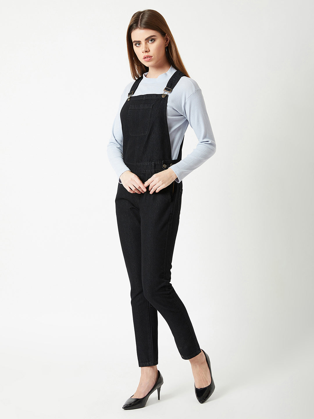 Women's Black High Rise Clean Look Regular Stretchable Skinny Denim Dungaree