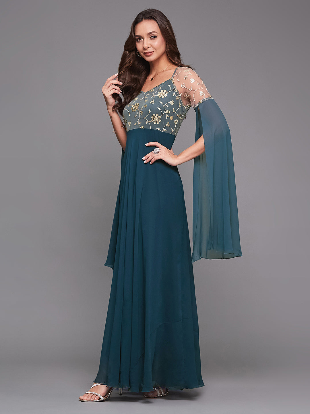 Women's Teal V-Neck Full Sleeve Embroidered Fit & Flare Georgette Maxi Dress