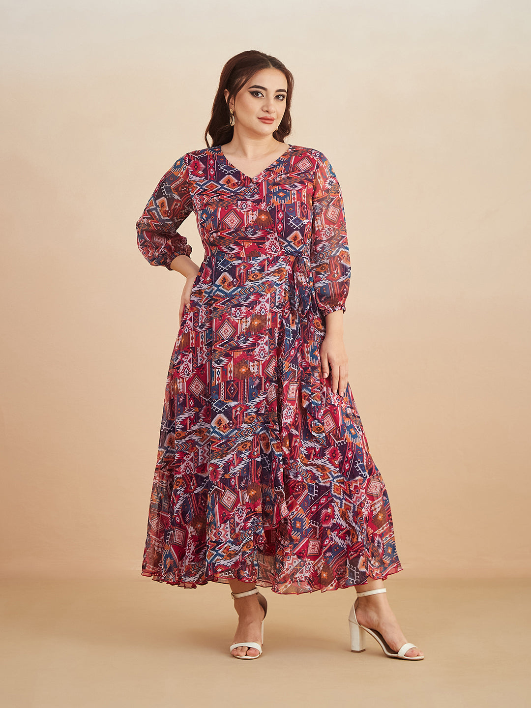 Multicolored V-Neck Three-Quarter Sleeve Geometric Patterned Wrap Midi Chiffon Dress for Women