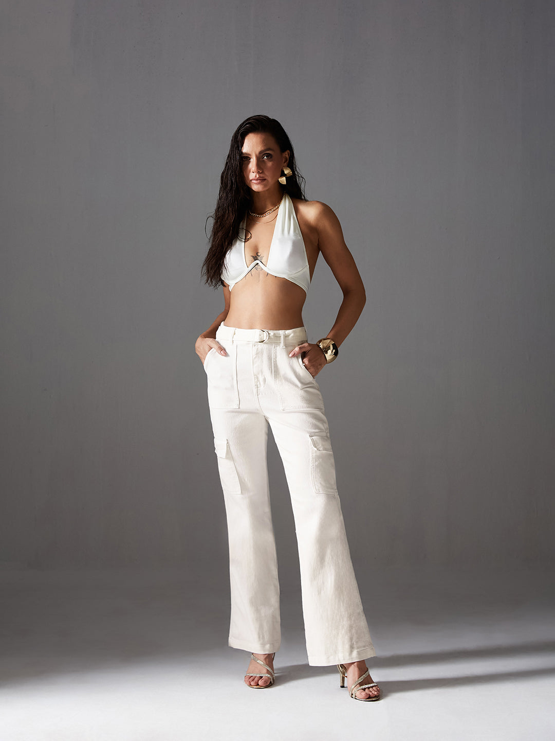 CHASEstretch™ Women's White Wide Leg High Rise Cargo Denim Jeans