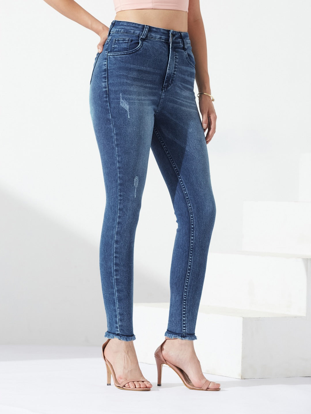 Mid Blue high-rise Mildly-Distressed Cropped Stretchable Denim Skinny Jeans for Women
