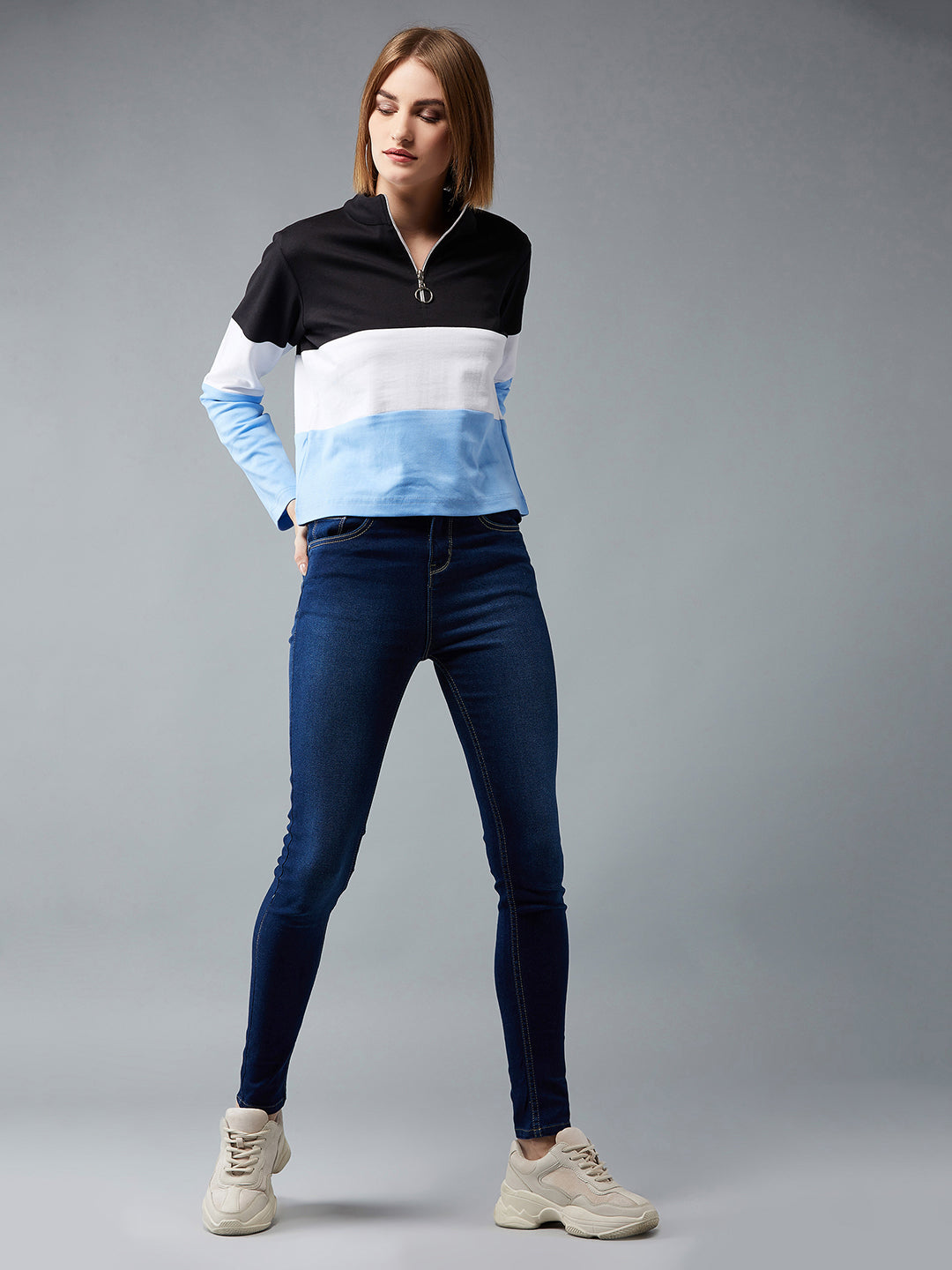 Women's Multicolor-Base Blue Polo Neck Full Sleeves Cotton Ribbed Solid Color-blocked Regular Length Boxy Sweatshirt