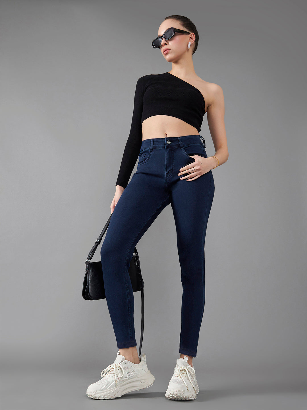 Women's Navy Blue Skinny Fit Mid Rise Regular Length Denim Stretchable Jeans