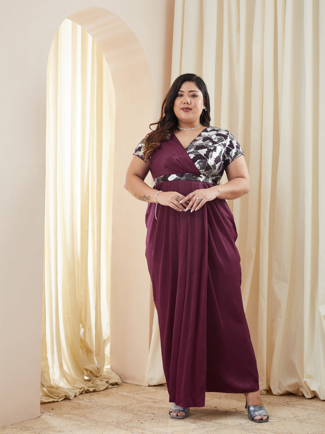 Wine V-Neck Gown in Embellished Pleated Lustrous Satin for Women