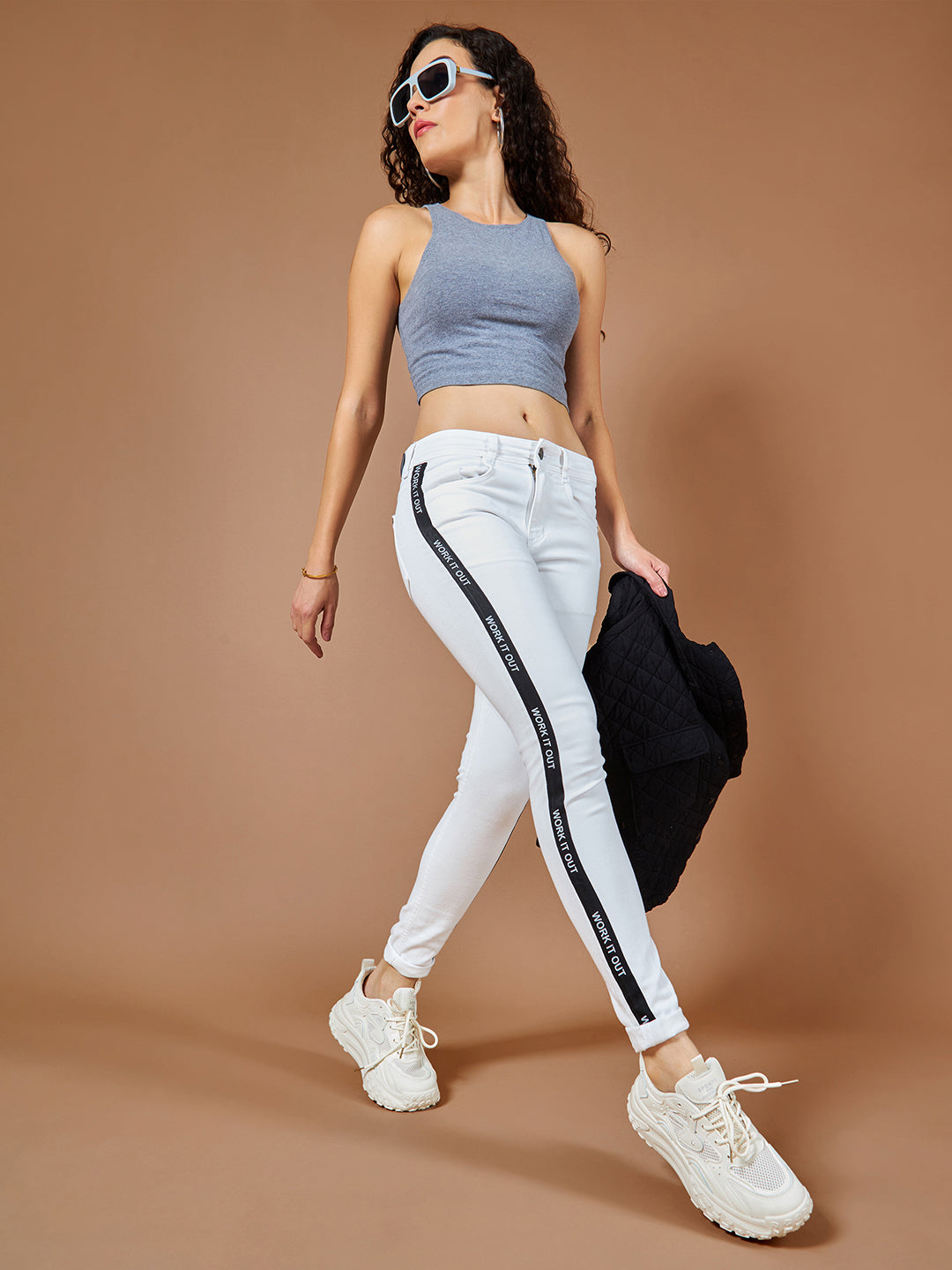 Women's White Skinny Mid Rise Clean Look Printed Twill Tape Detailing Bleached Regular Length Stretchable Denim Jeans